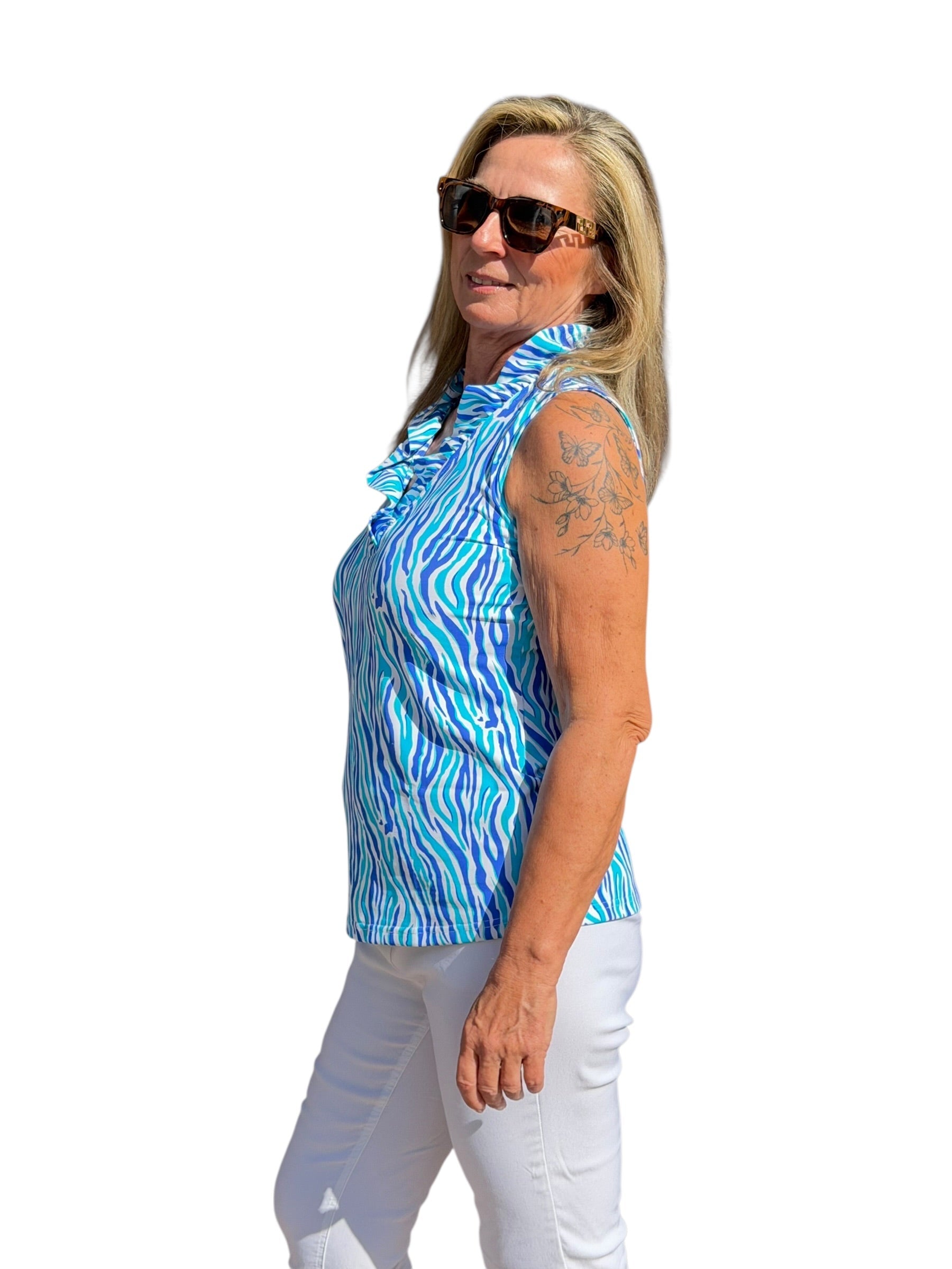 Ruffle - Neck Top with UPF50+ Blue Zebra - Back of the Bay Boutique