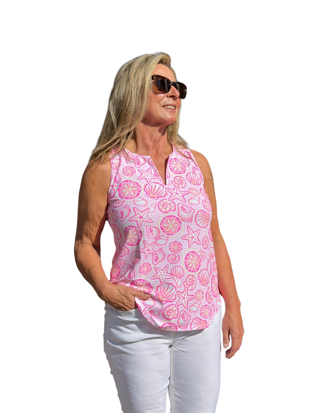 Keyhole Sleeveless Top with UPF50+ Ocean Shells Pink - Back of the Bay Boutique