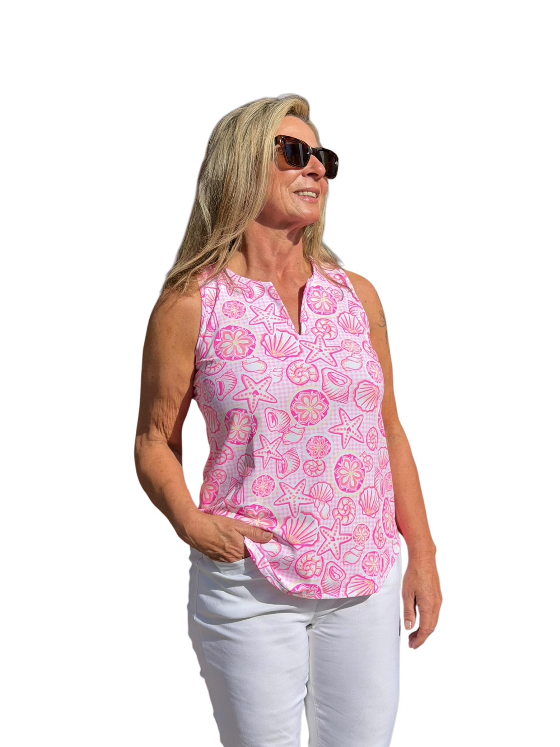 Keyhole Sleeveless Top with UPF50+ Ocean Shells Pink - Back of the Bay Boutique