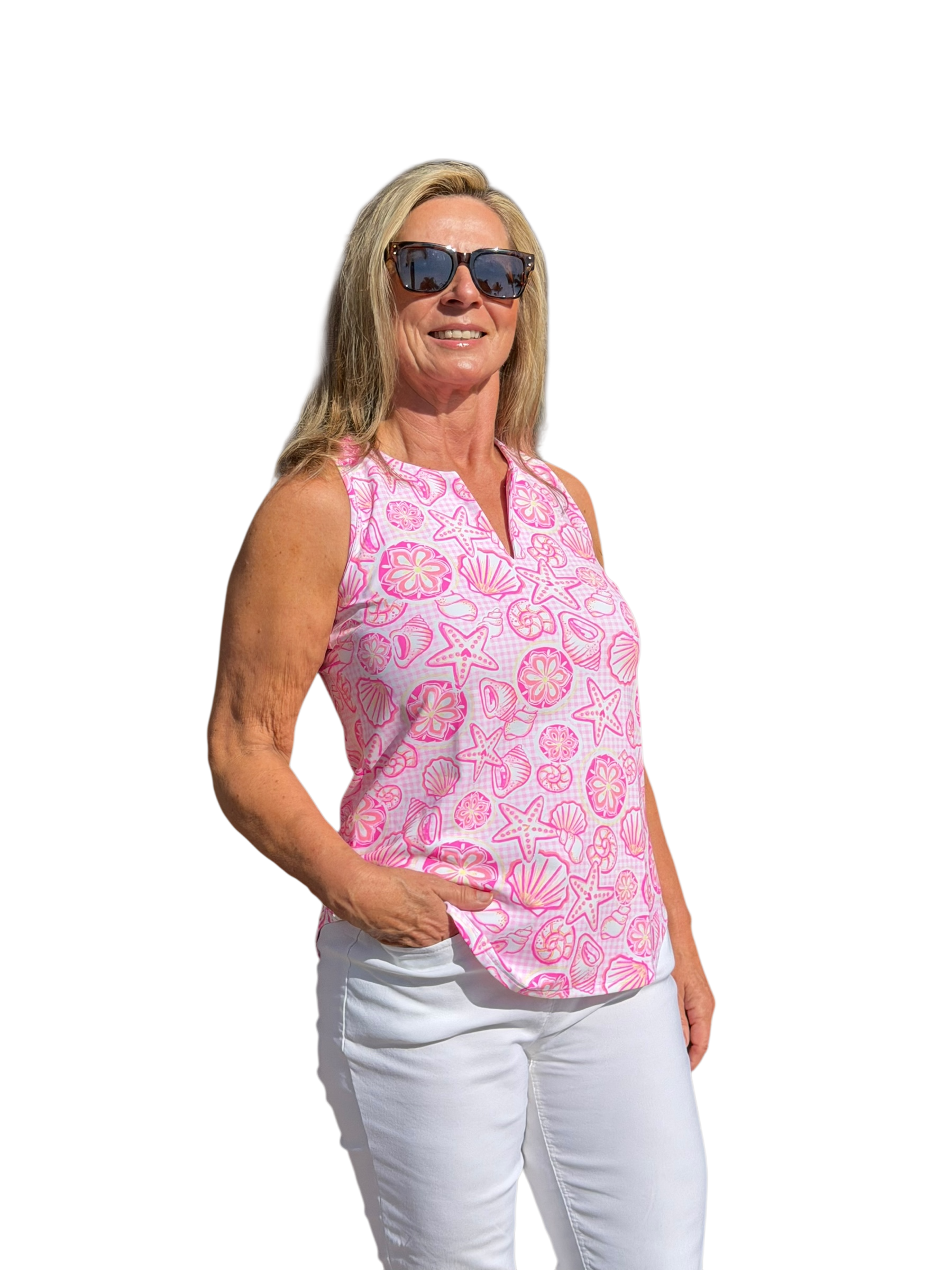 Keyhole Sleeveless Top with UPF50+ Ocean Shells Pink - Back of the Bay Boutique