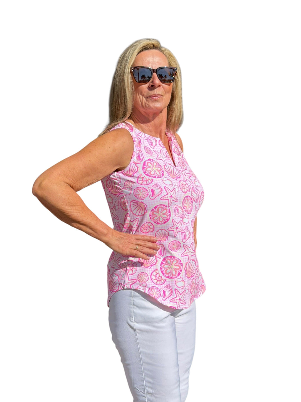 Keyhole Sleeveless Top with UPF50+ Ocean Shells Pink - Back of the Bay Boutique