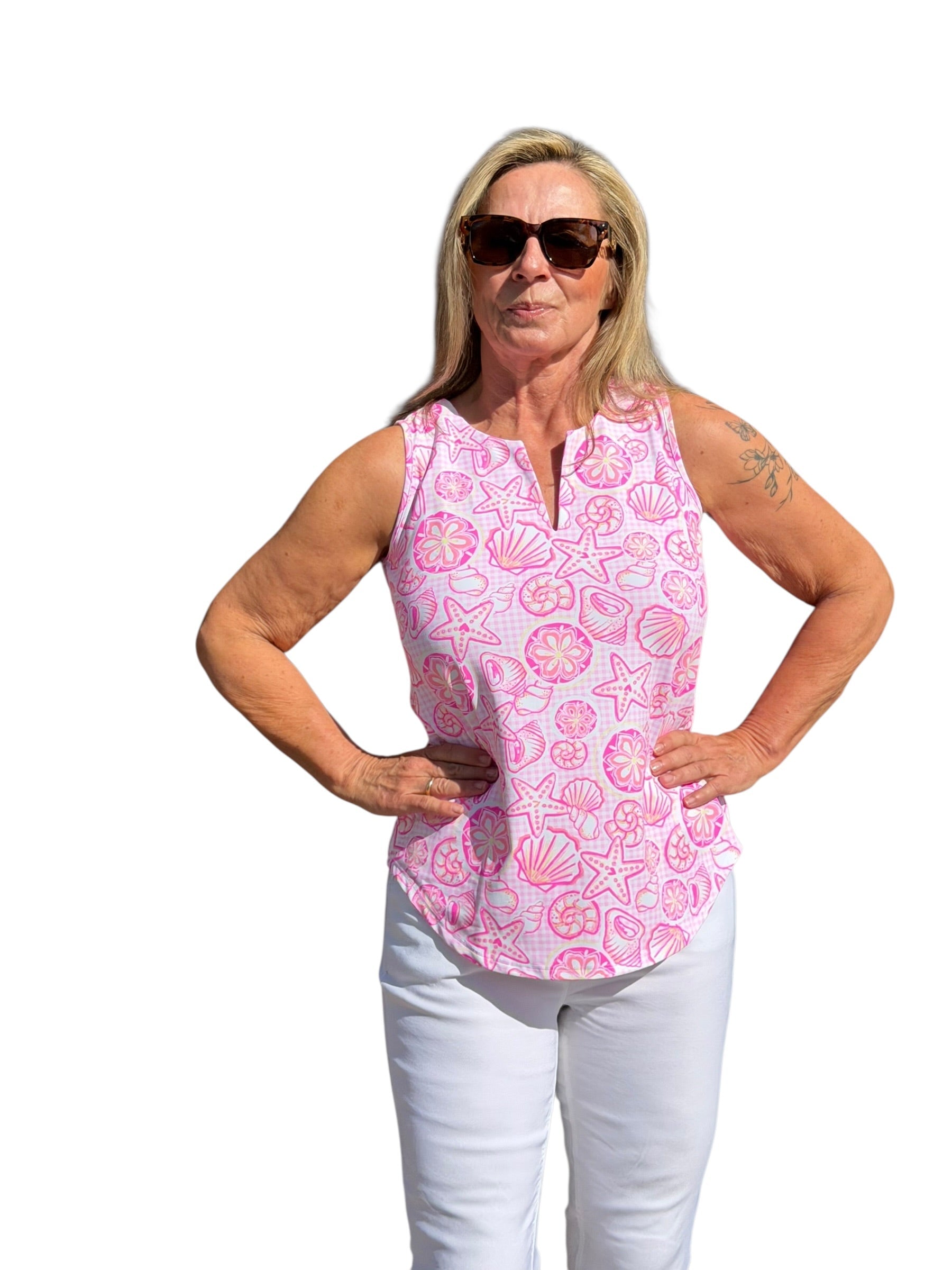 Keyhole Sleeveless Top with UPF50+ Ocean Shells Pink - Back of the Bay Boutique