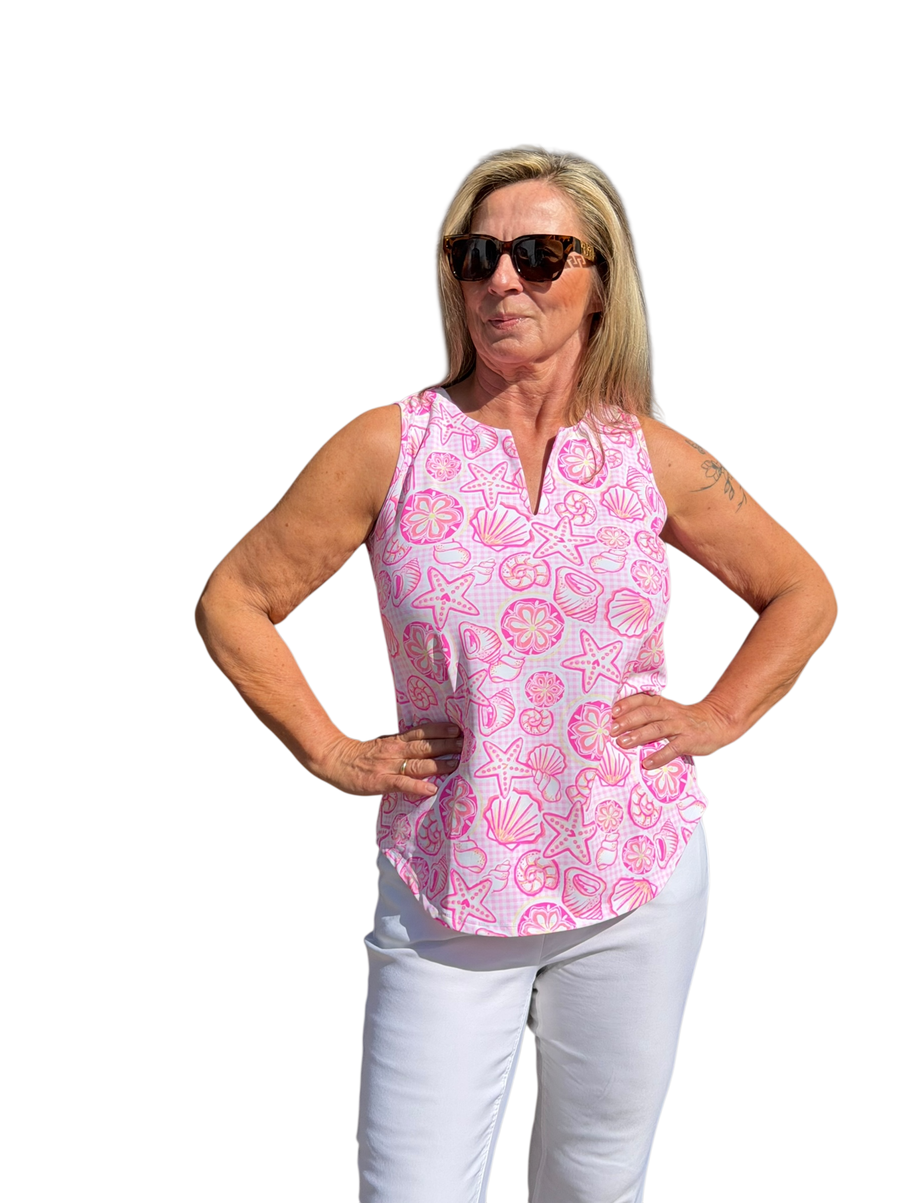 Keyhole Sleeveless Top with UPF50+ Ocean Shells Pink - Back of the Bay Boutique