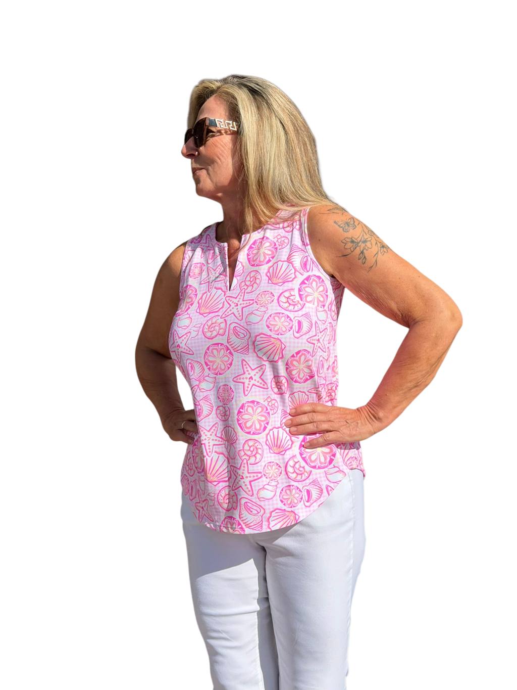 Keyhole Sleeveless Top with UPF50+ Ocean Shells Pink - Back of the Bay Boutique