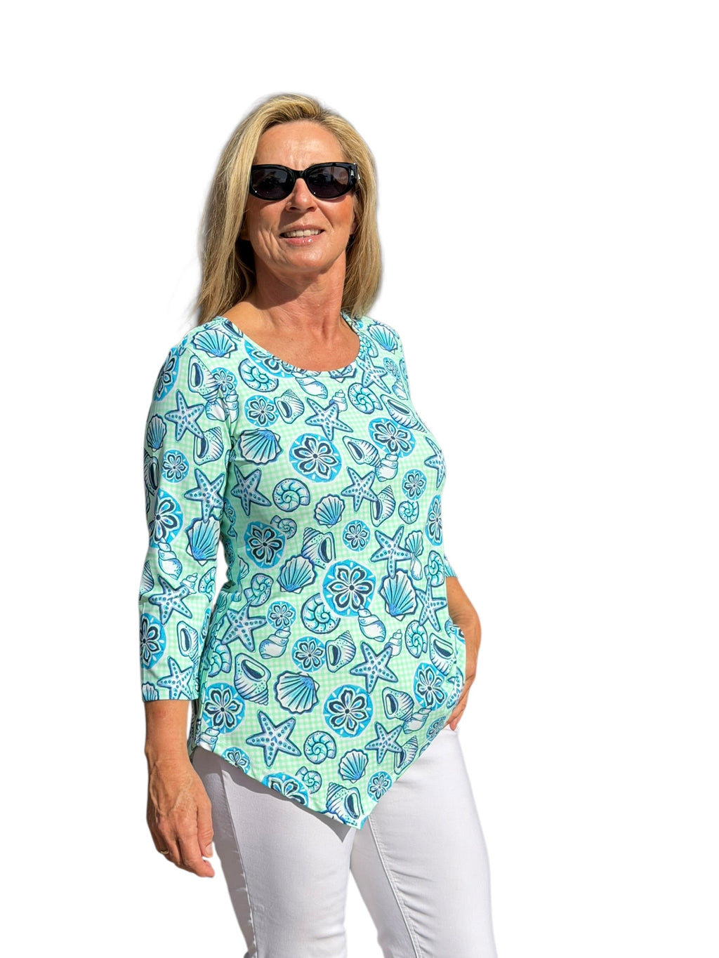 Asymmetrical Hemline Top with UPF50+ Ocean Shells Blue - Back of the Bay Boutique