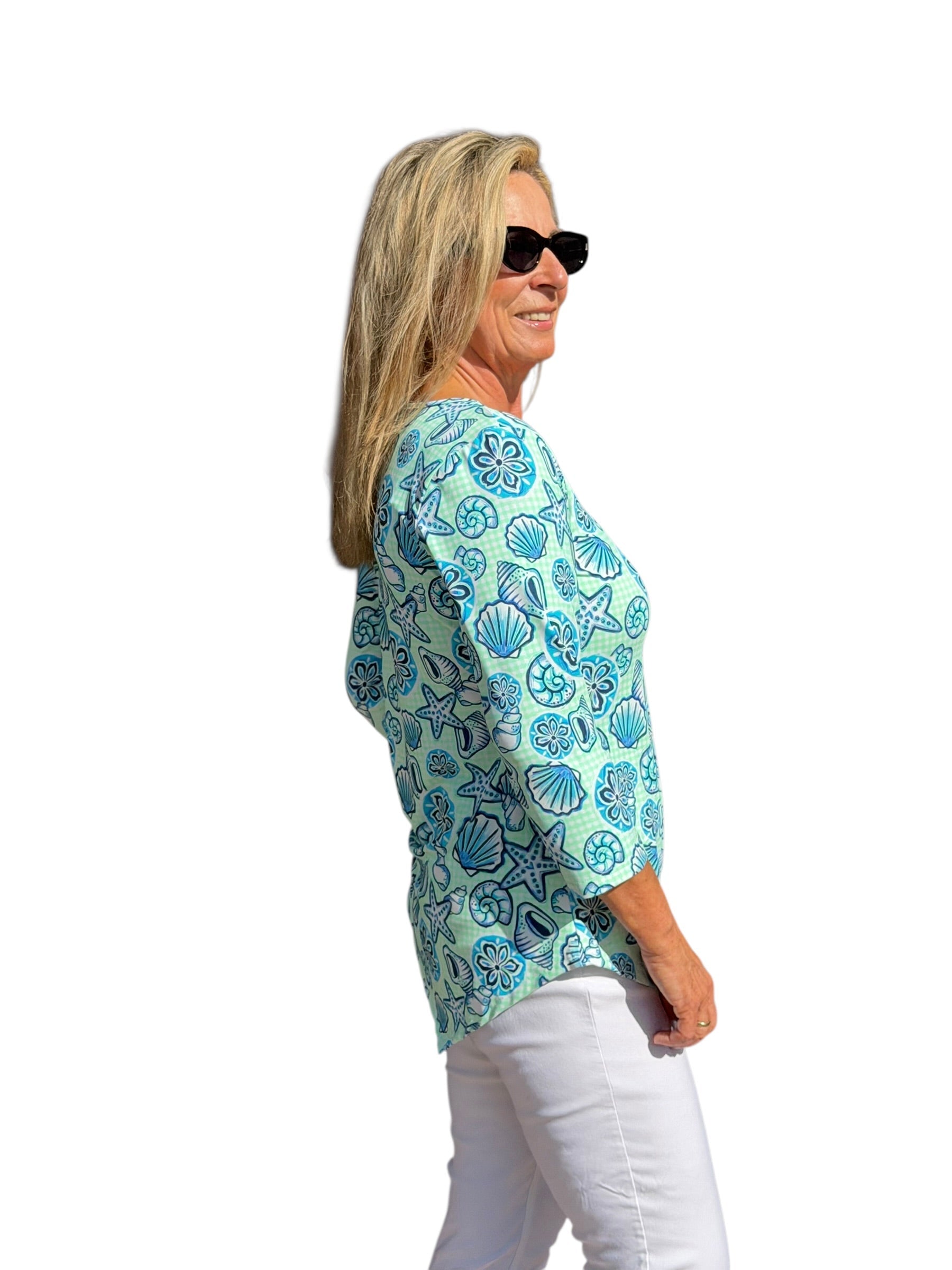 Asymmetrical Hemline Top with UPF50+ Ocean Shells Blue - Back of the Bay Boutique