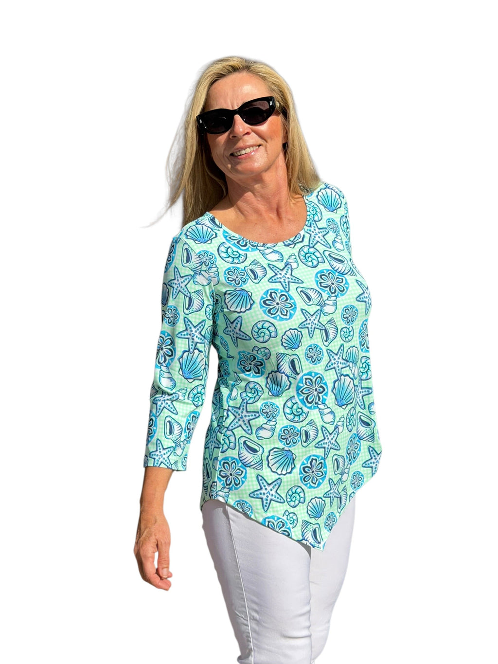 Asymmetrical Hemline Top with UPF50+ Ocean Shells Blue - Back of the Bay Boutique
