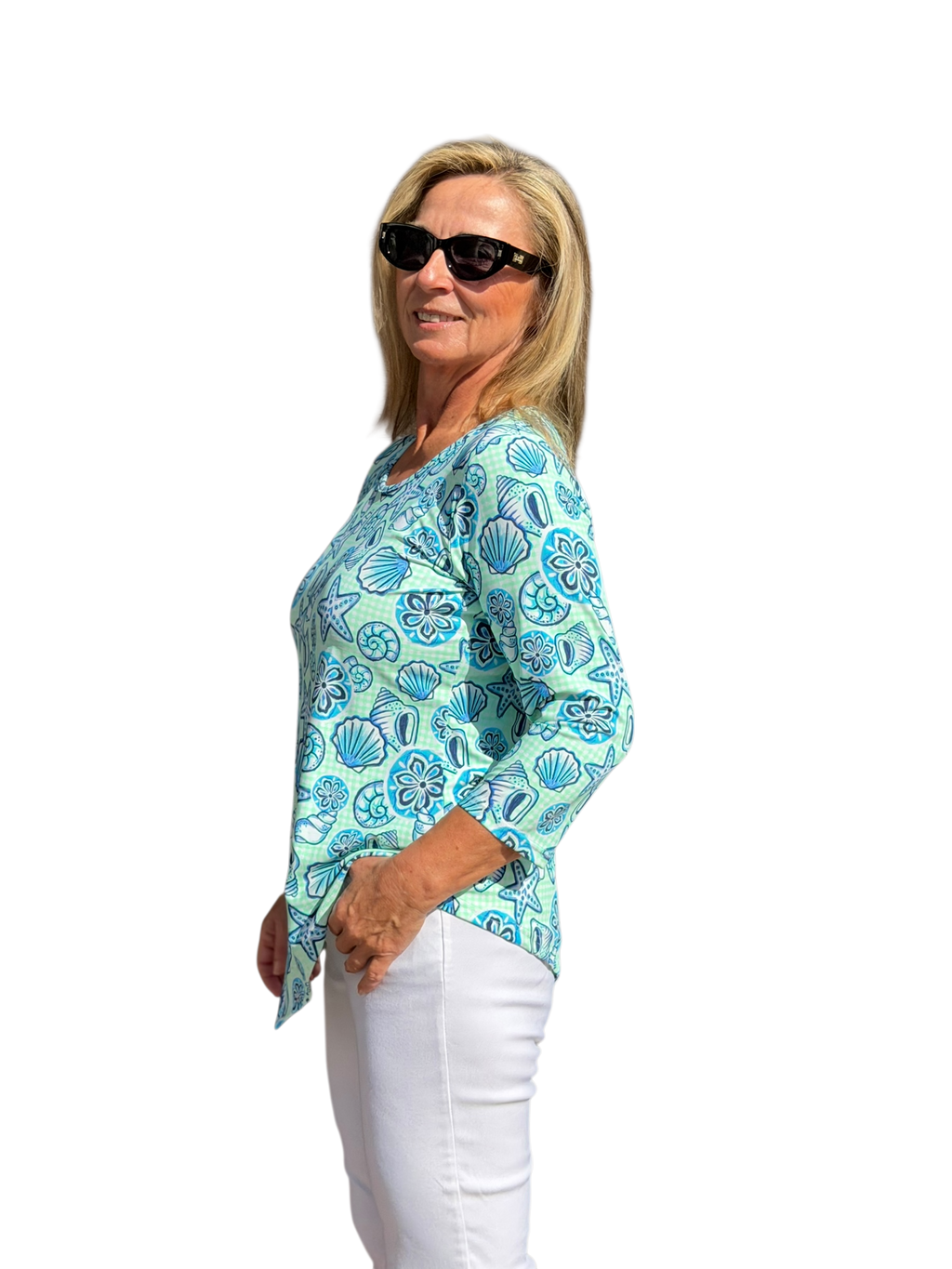Asymmetrical Hemline Top with UPF50+ Ocean Shells Blue - Back of the Bay Boutique