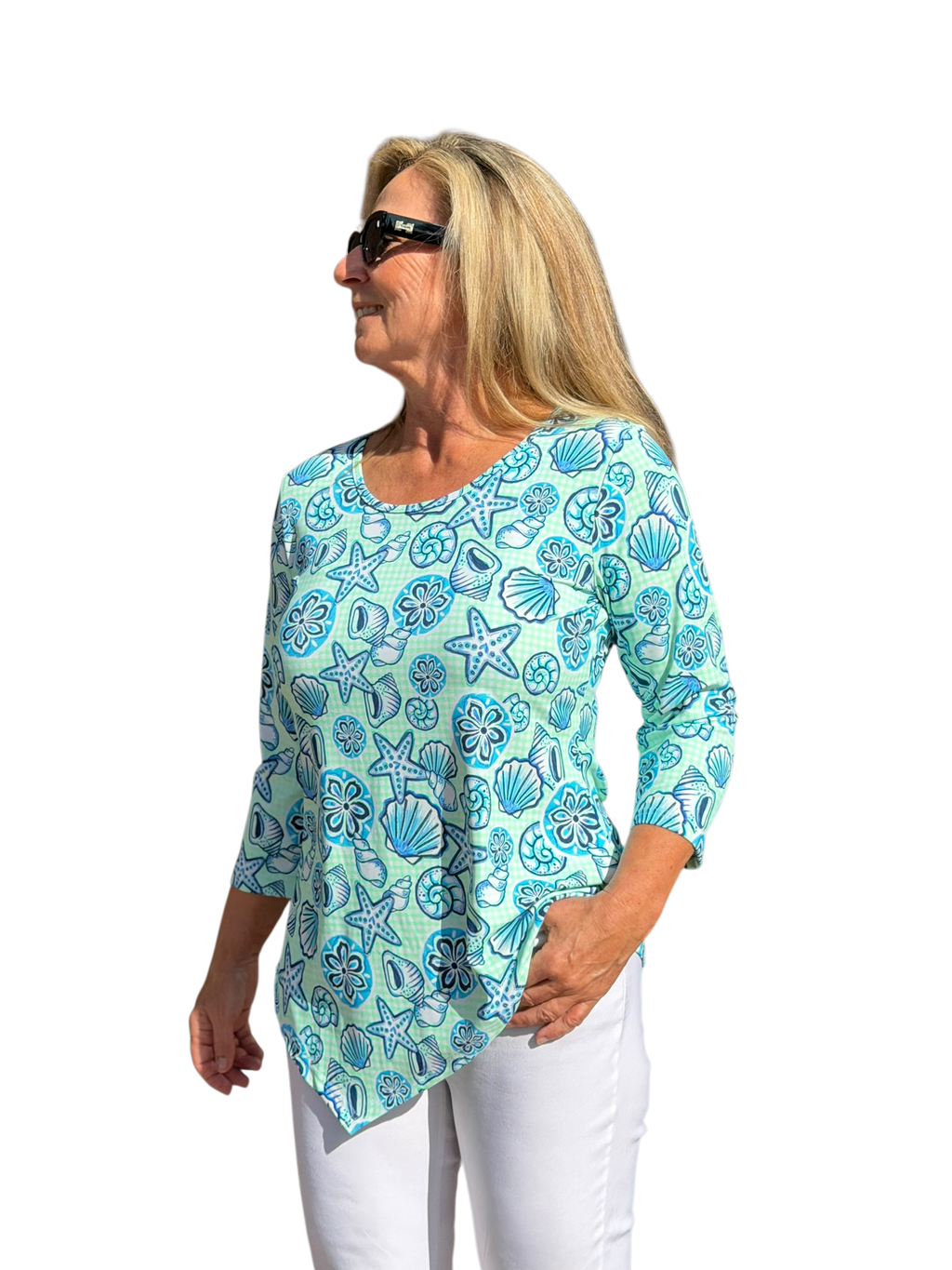 Asymmetrical Hemline Top with UPF50+ Ocean Shells Blue - Back of the Bay Boutique
