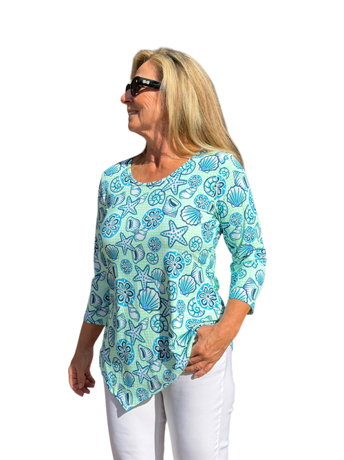 Asymmetrical Hemline Top with UPF50+ Ocean Shells Blue - Back of the Bay Boutique