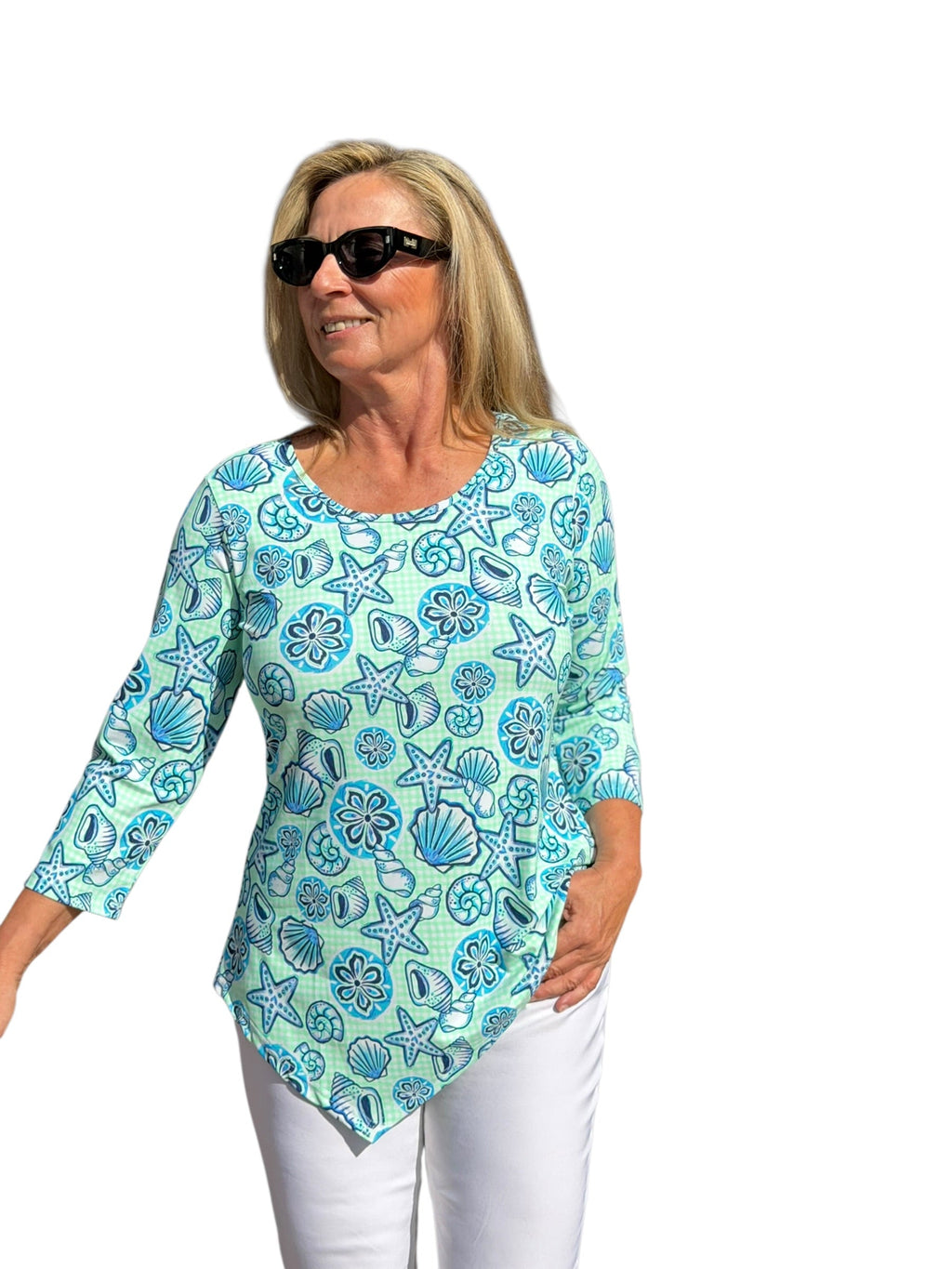 Asymmetrical Hemline Top with UPF50+ Ocean Shells Blue - Back of the Bay Boutique