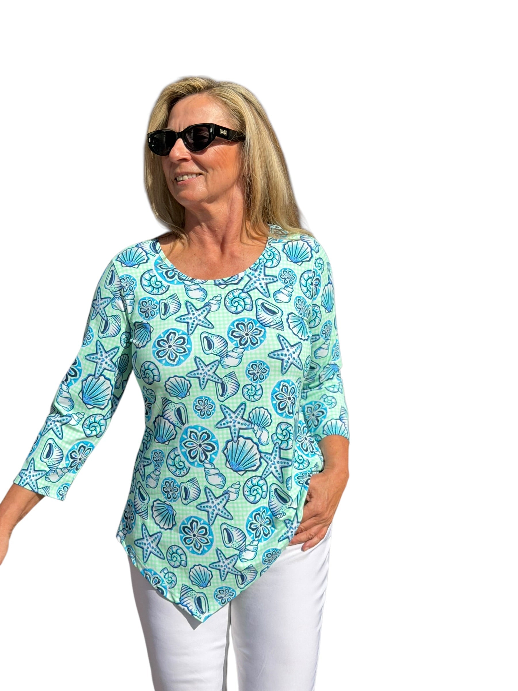 Asymmetrical Hemline Top with UPF50+ Ocean Shells Blue - Back of the Bay Boutique