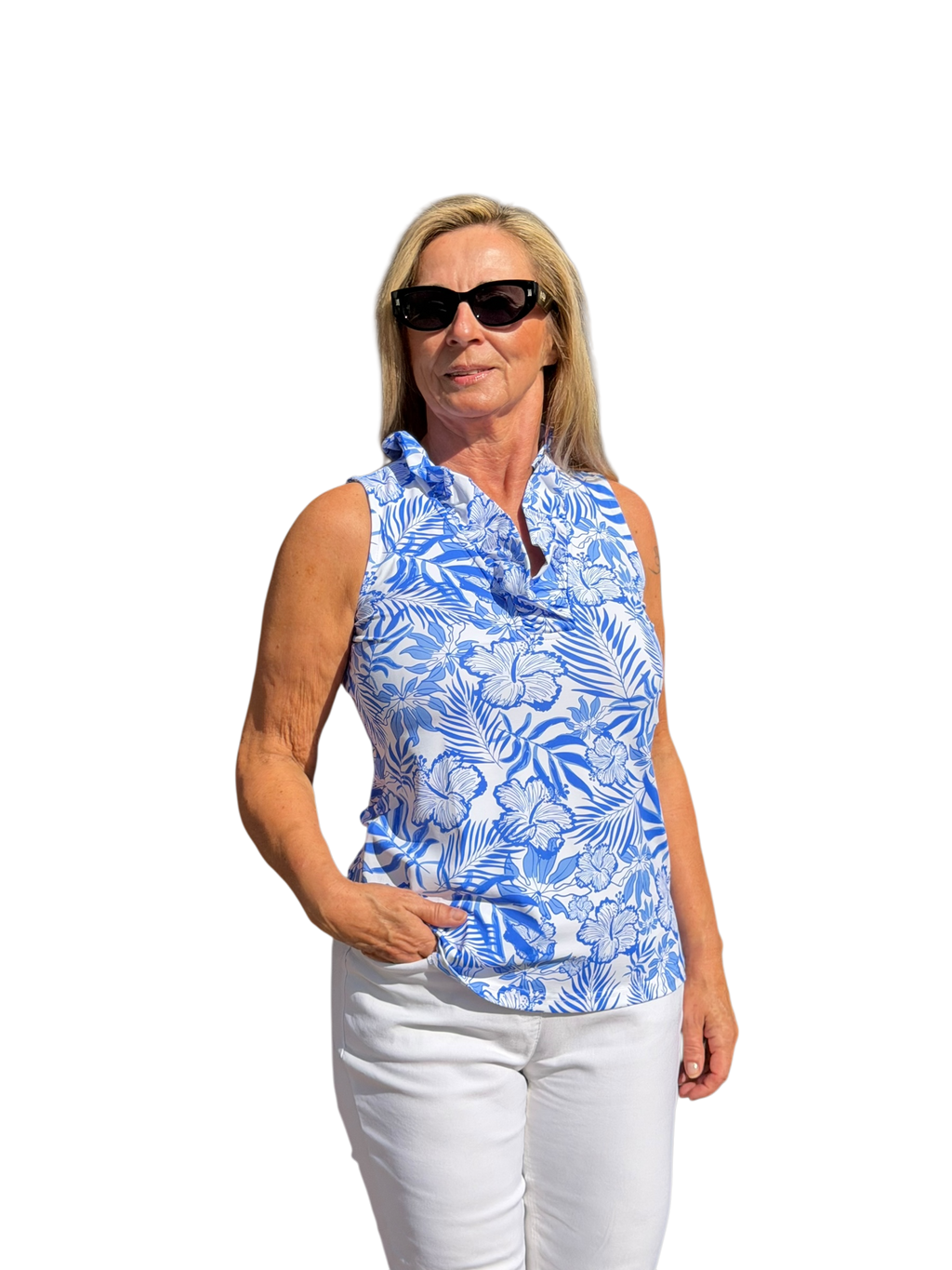 Ruffle - Neck Top with UPF50+ Summer Breeze Blue - Back of the Bay Boutique
