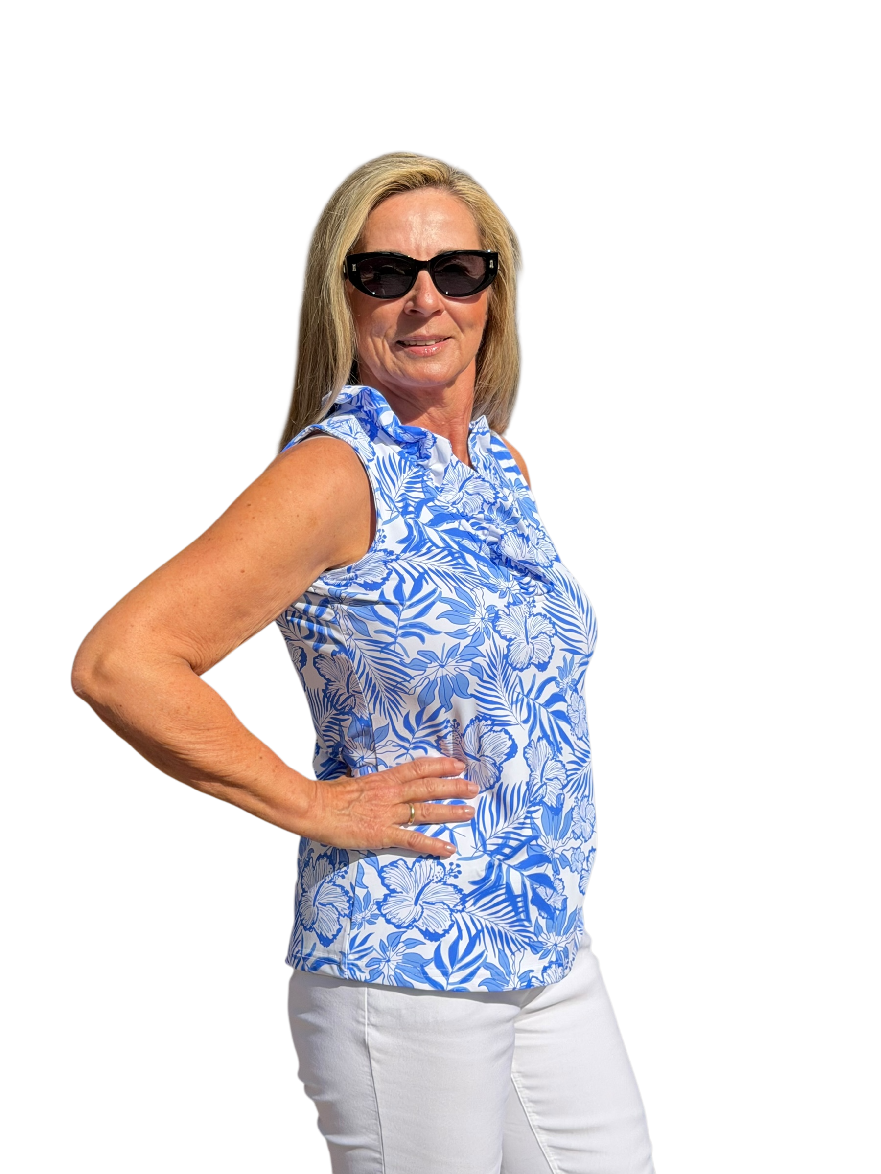 Ruffle - Neck Top with UPF50+ Summer Breeze Blue - Back of the Bay Boutique
