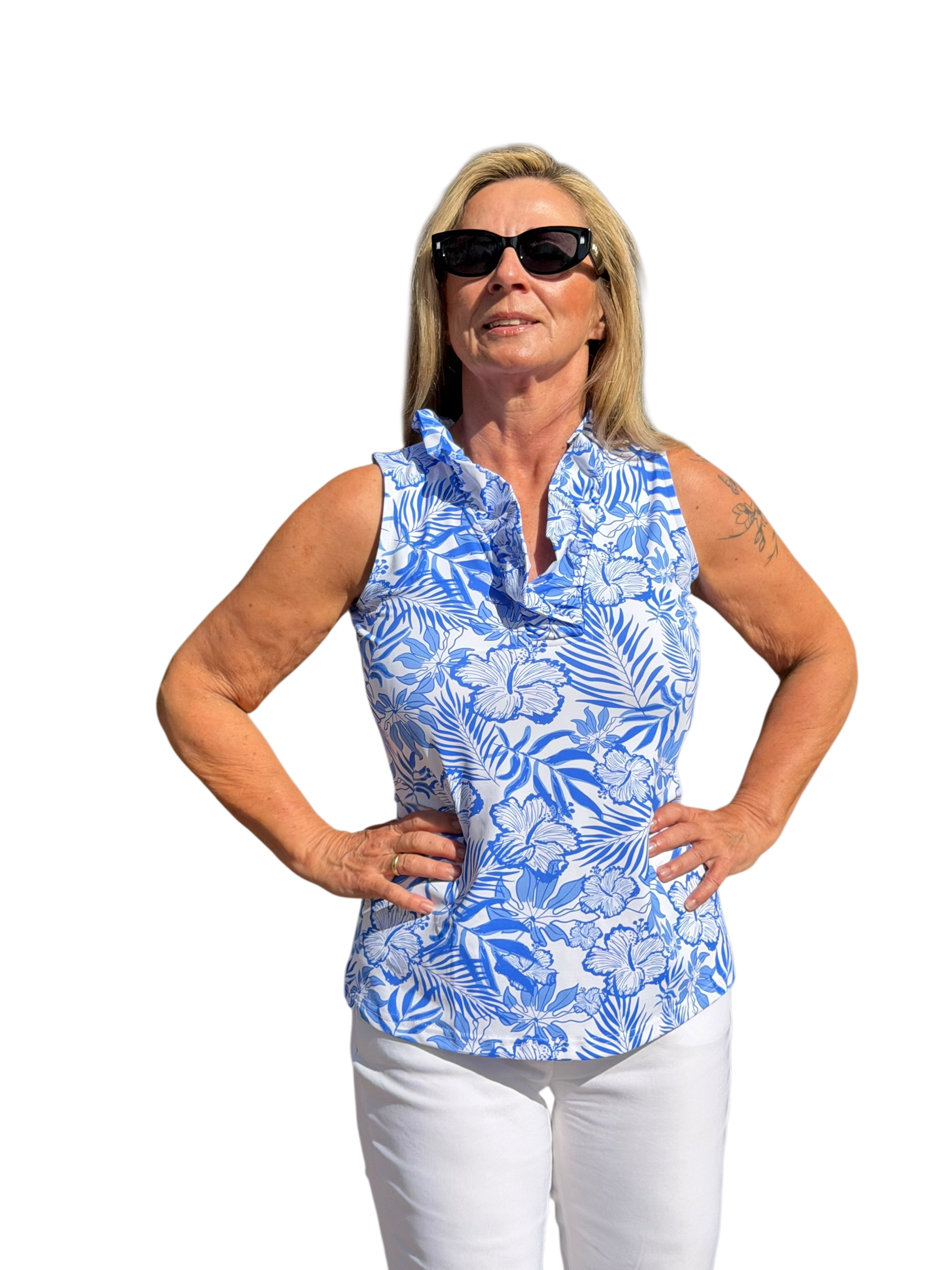 Ruffle - Neck Top with UPF50+ Summer Breeze Blue - Back of the Bay Boutique