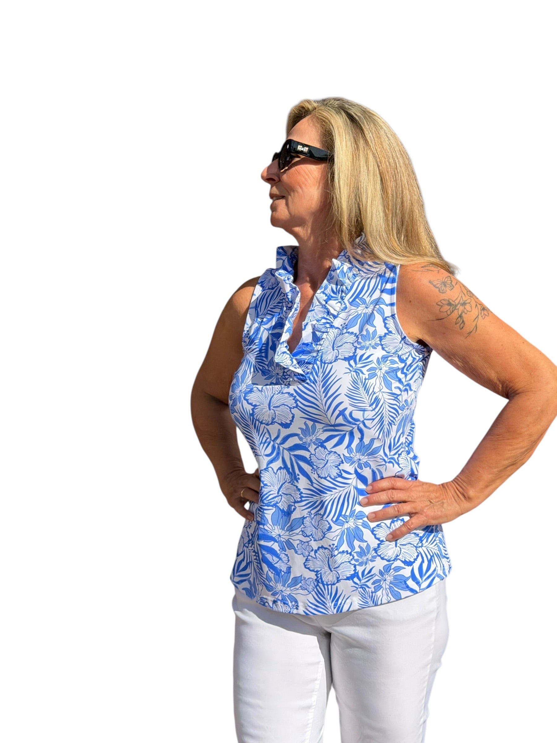 Ruffle - Neck Top with UPF50+ Summer Breeze Blue - Back of the Bay Boutique