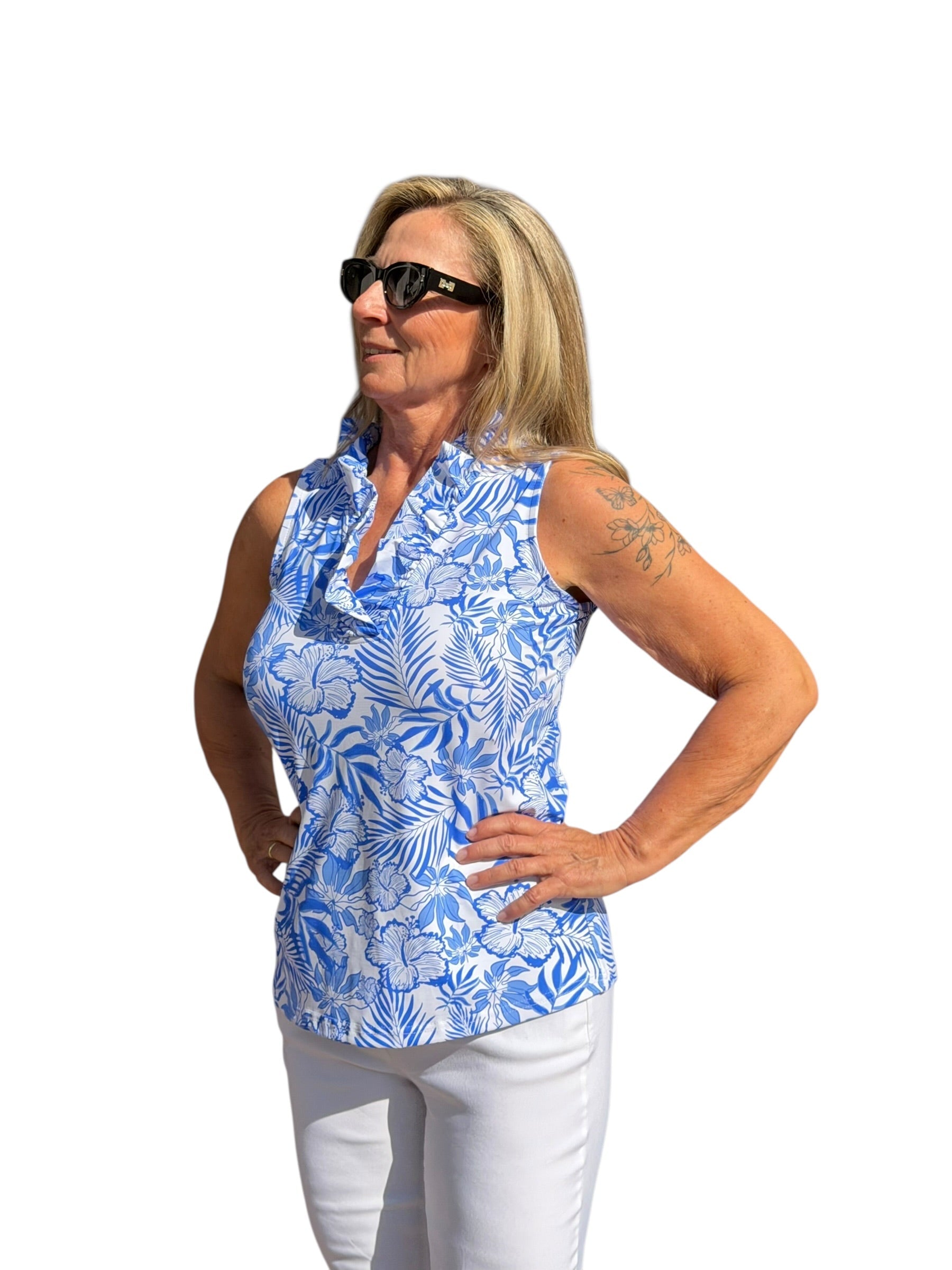 Ruffle - Neck Top with UPF50+ Summer Breeze Blue - Back of the Bay Boutique