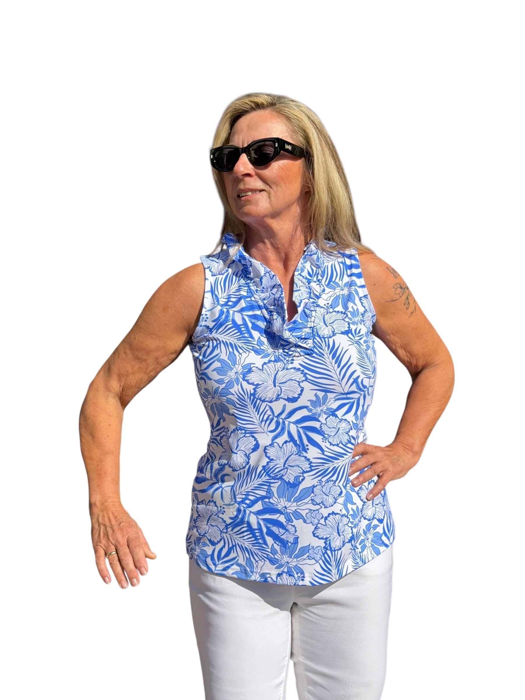 Ruffle - Neck Top with UPF50+ Summer Breeze Blue - Back of the Bay Boutique