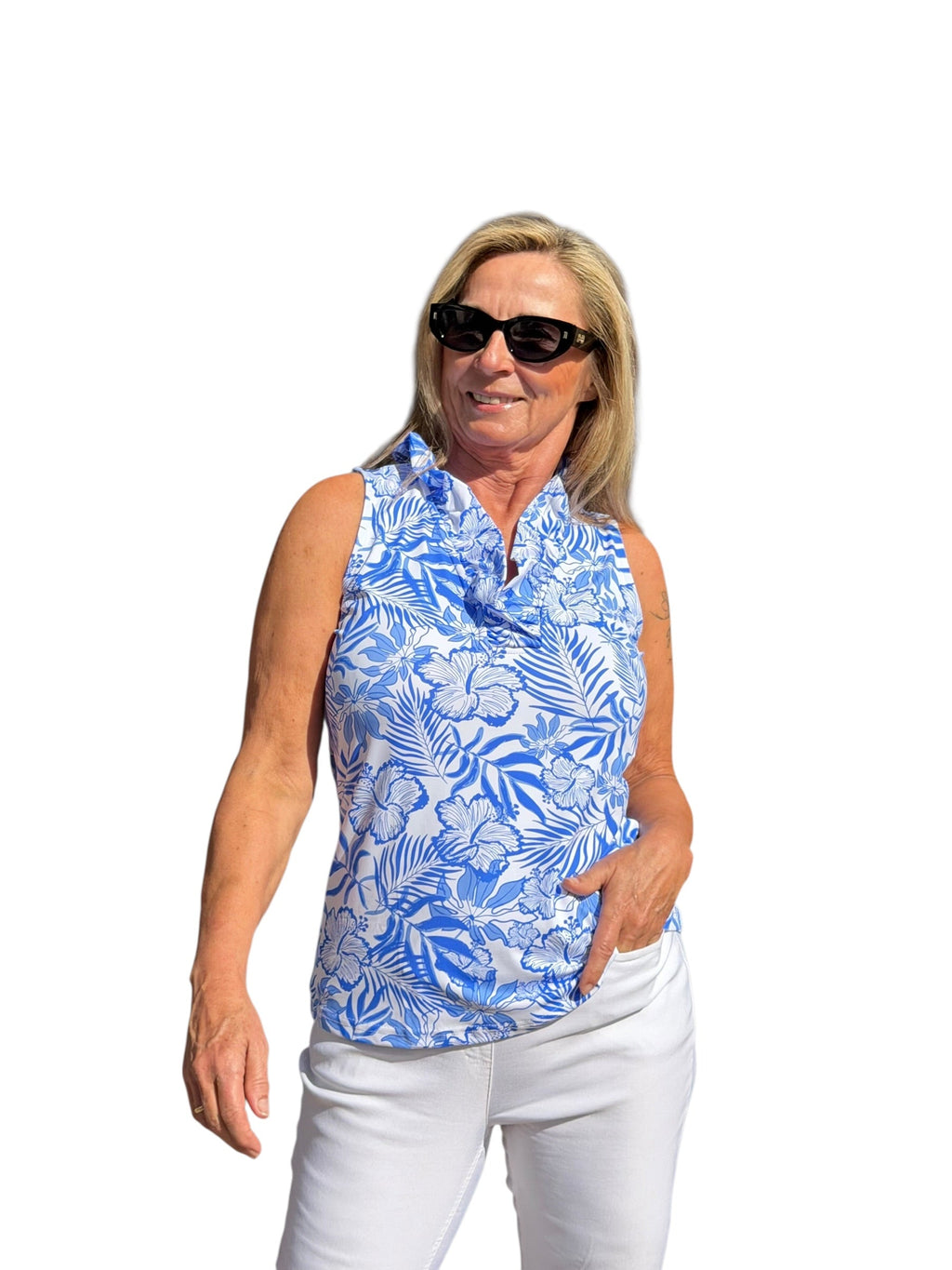 Ruffle - Neck Top with UPF50+ Summer Breeze Blue - Back of the Bay Boutique