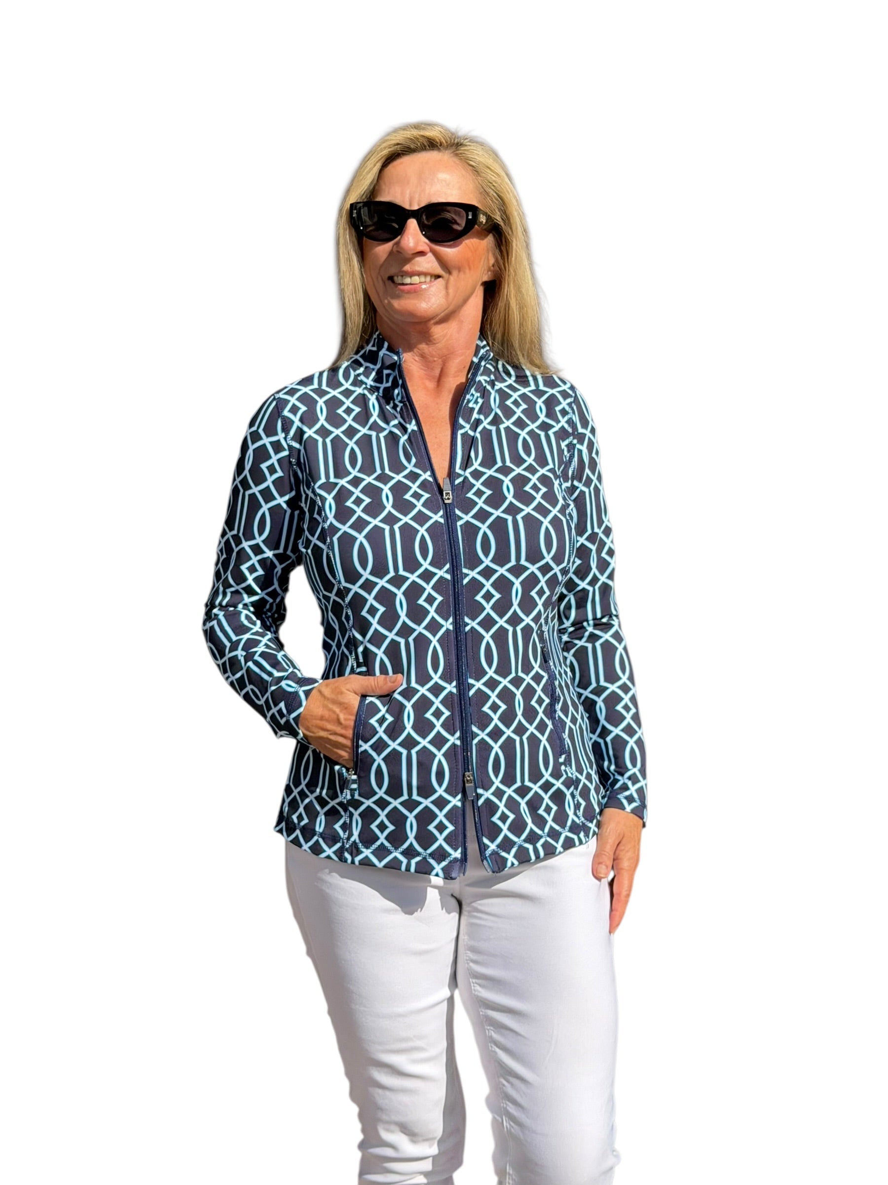 Zip - Up Long Sleeve Jacket with UPF50+ Geometric Lines Navy - Back of the Bay Boutique