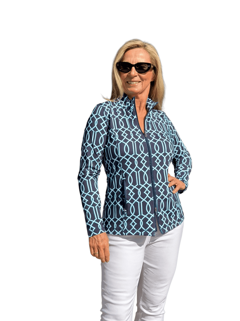 Zip - Up Long Sleeve Jacket with UPF50+ Geometric Lines Navy - Back of the Bay Boutique