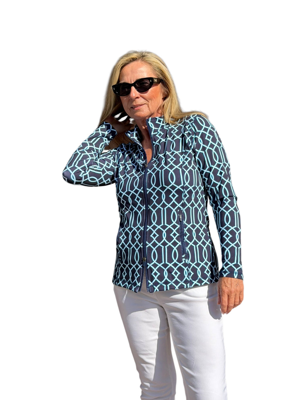 Zip - Up Long Sleeve Jacket with UPF50+ Geometric Lines Navy - Back of the Bay Boutique