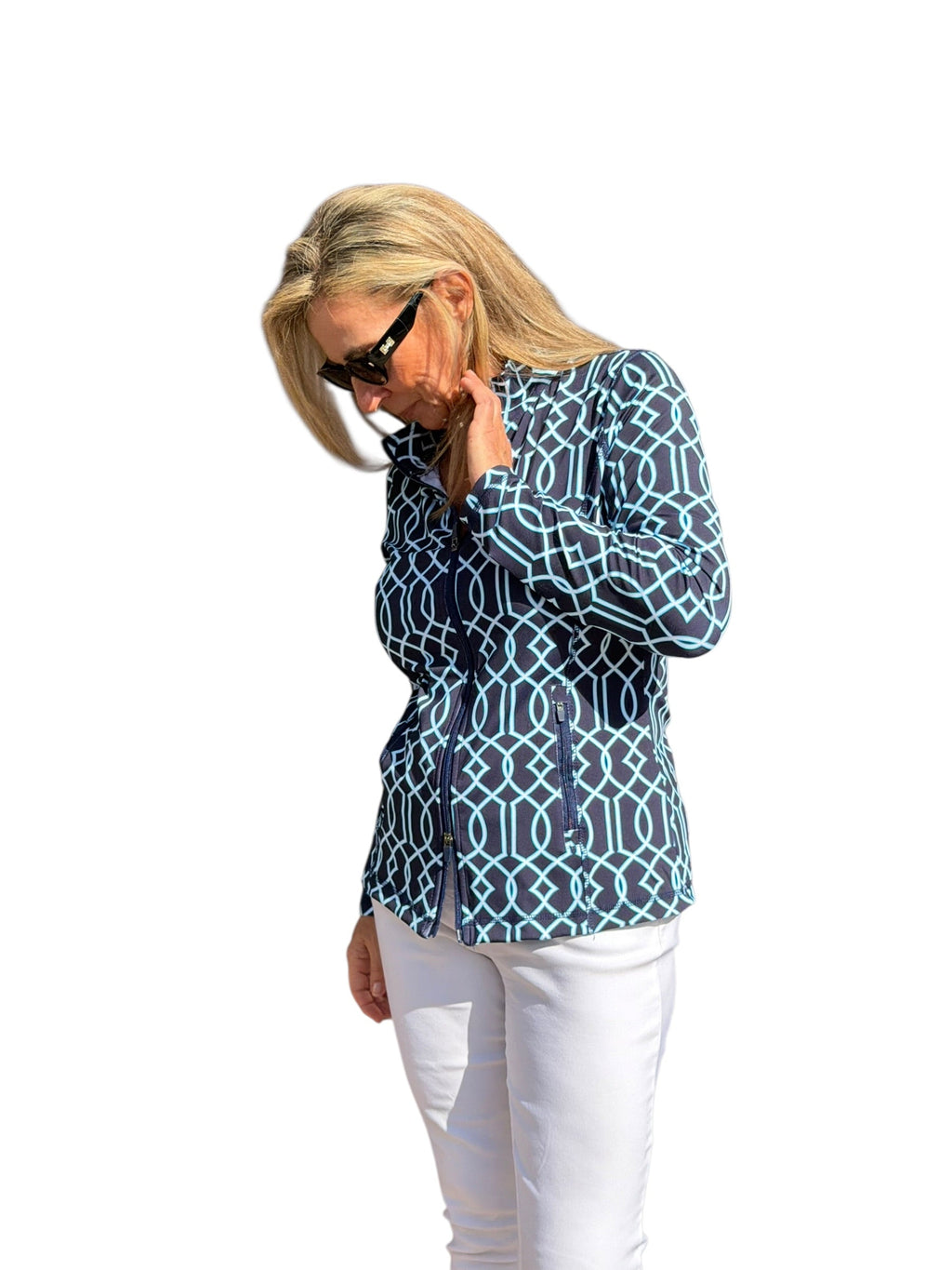 Zip - Up Long Sleeve Jacket with UPF50+ Geometric Lines Navy - Back of the Bay Boutique