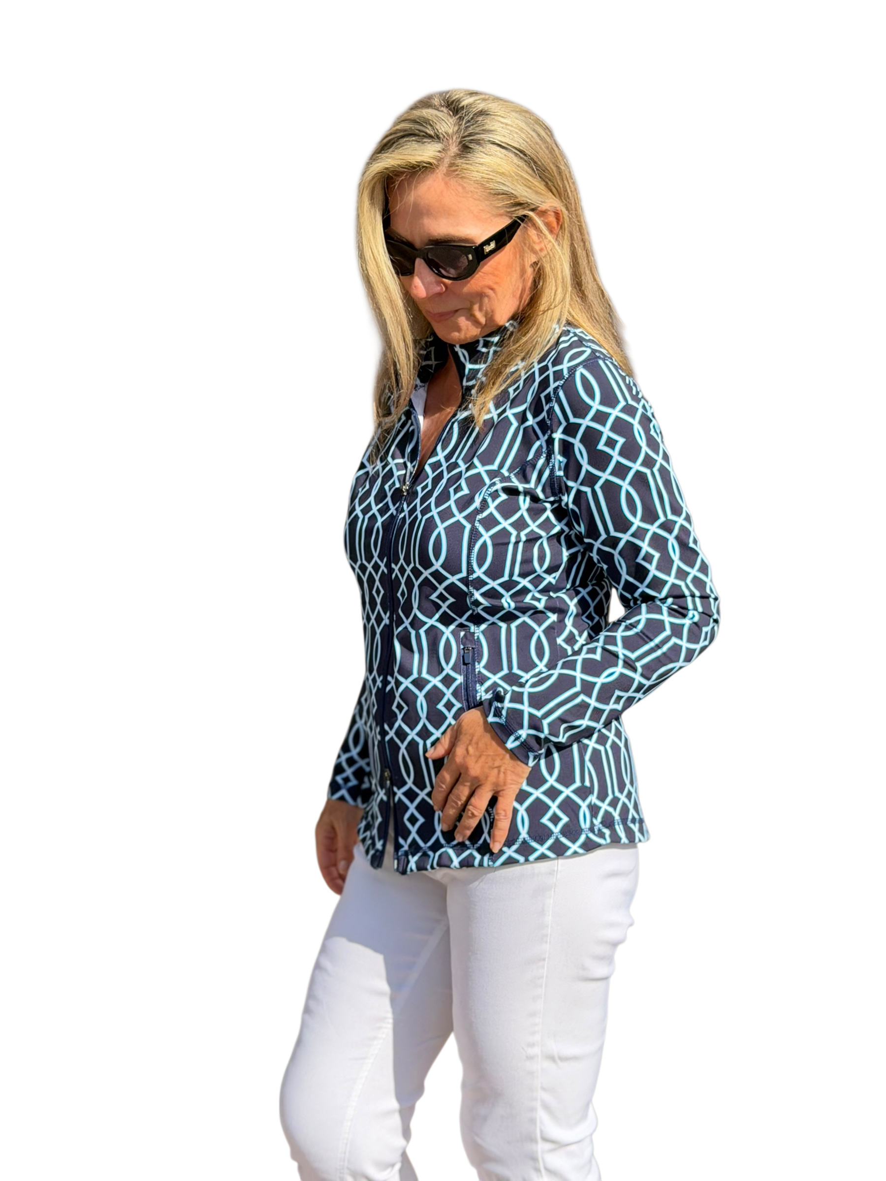 Zip - Up Long Sleeve Jacket with UPF50+ Geometric Lines Navy - Back of the Bay Boutique