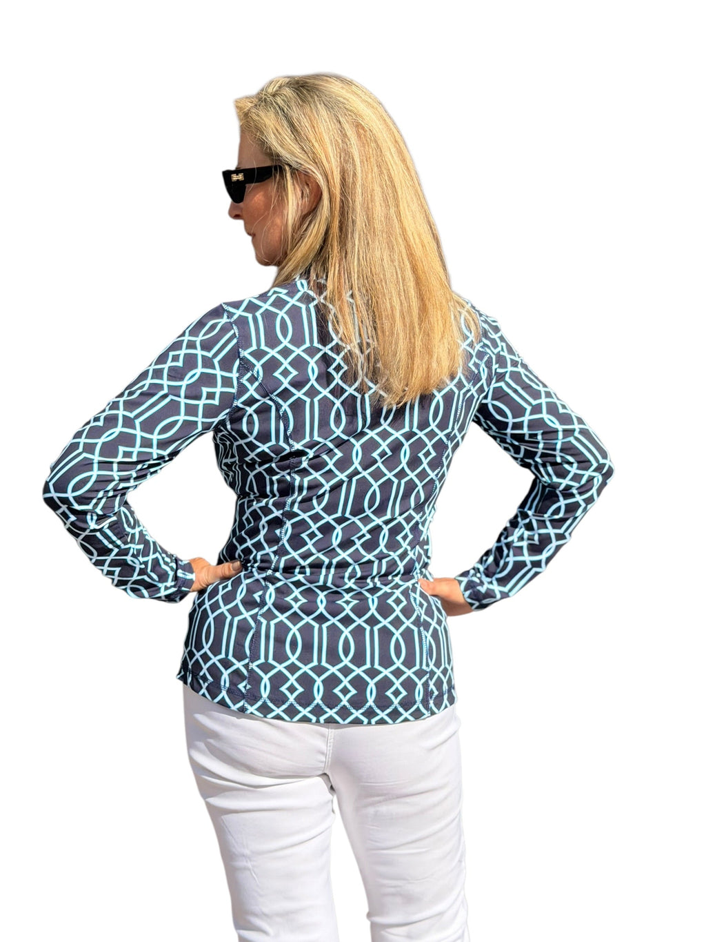 Zip - Up Long Sleeve Jacket with UPF50+ Geometric Lines Navy - Back of the Bay Boutique