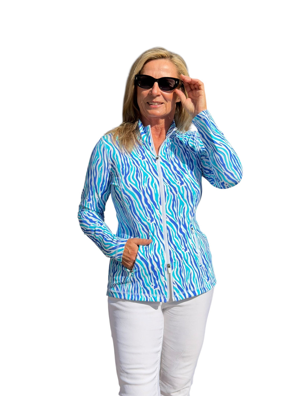 Zip - Up Long Sleeve Jacket with UPF50+ Blue Zebra - Back of the Bay Boutique
