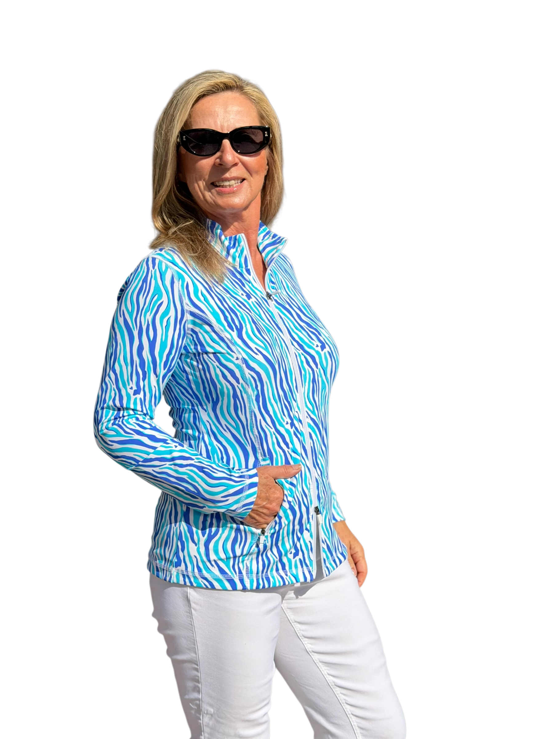 Zip - Up Long Sleeve Jacket with UPF50+ Blue Zebra - Back of the Bay Boutique