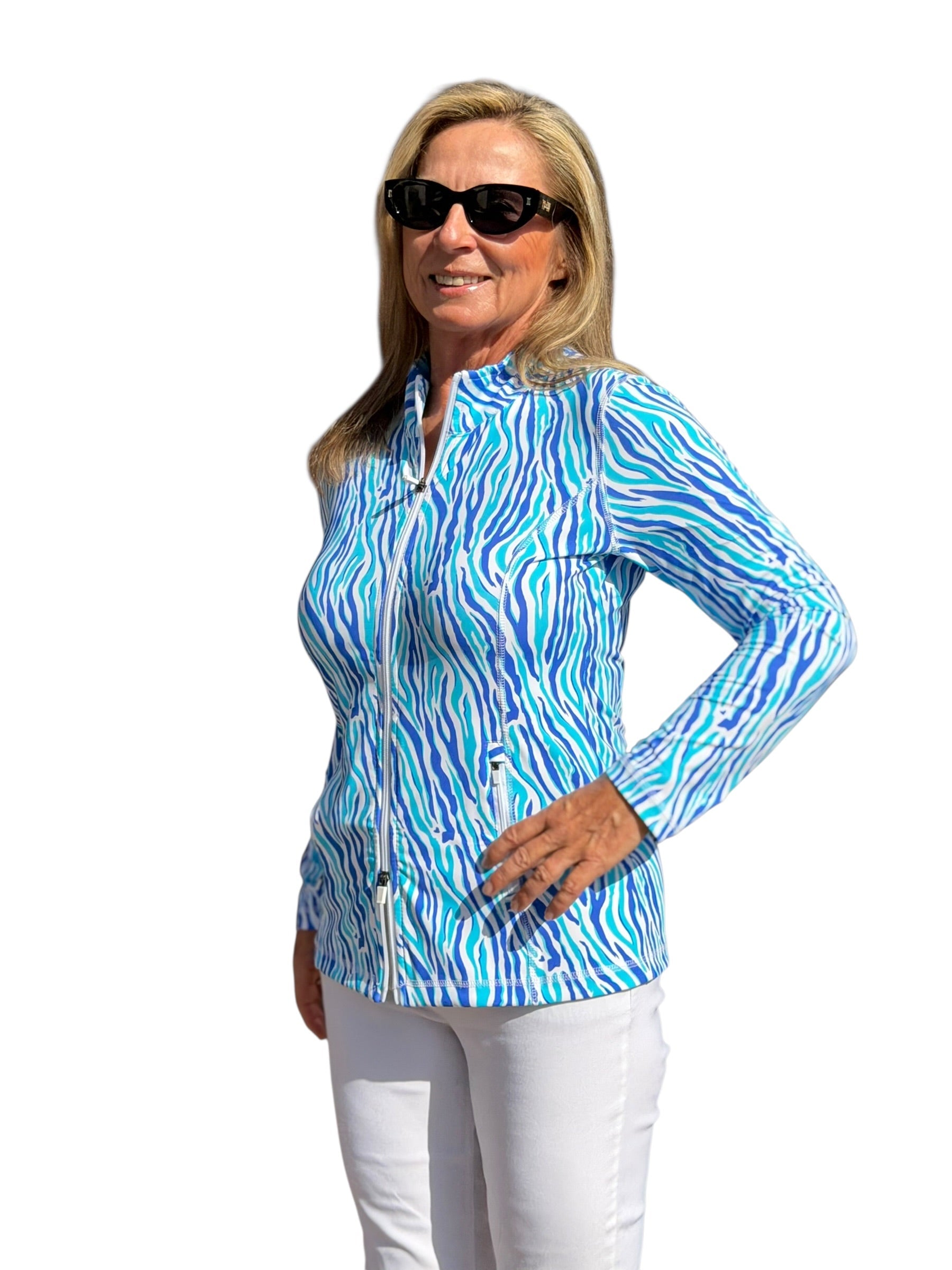 Zip - Up Long Sleeve Jacket with UPF50+ Blue Zebra - Back of the Bay Boutique