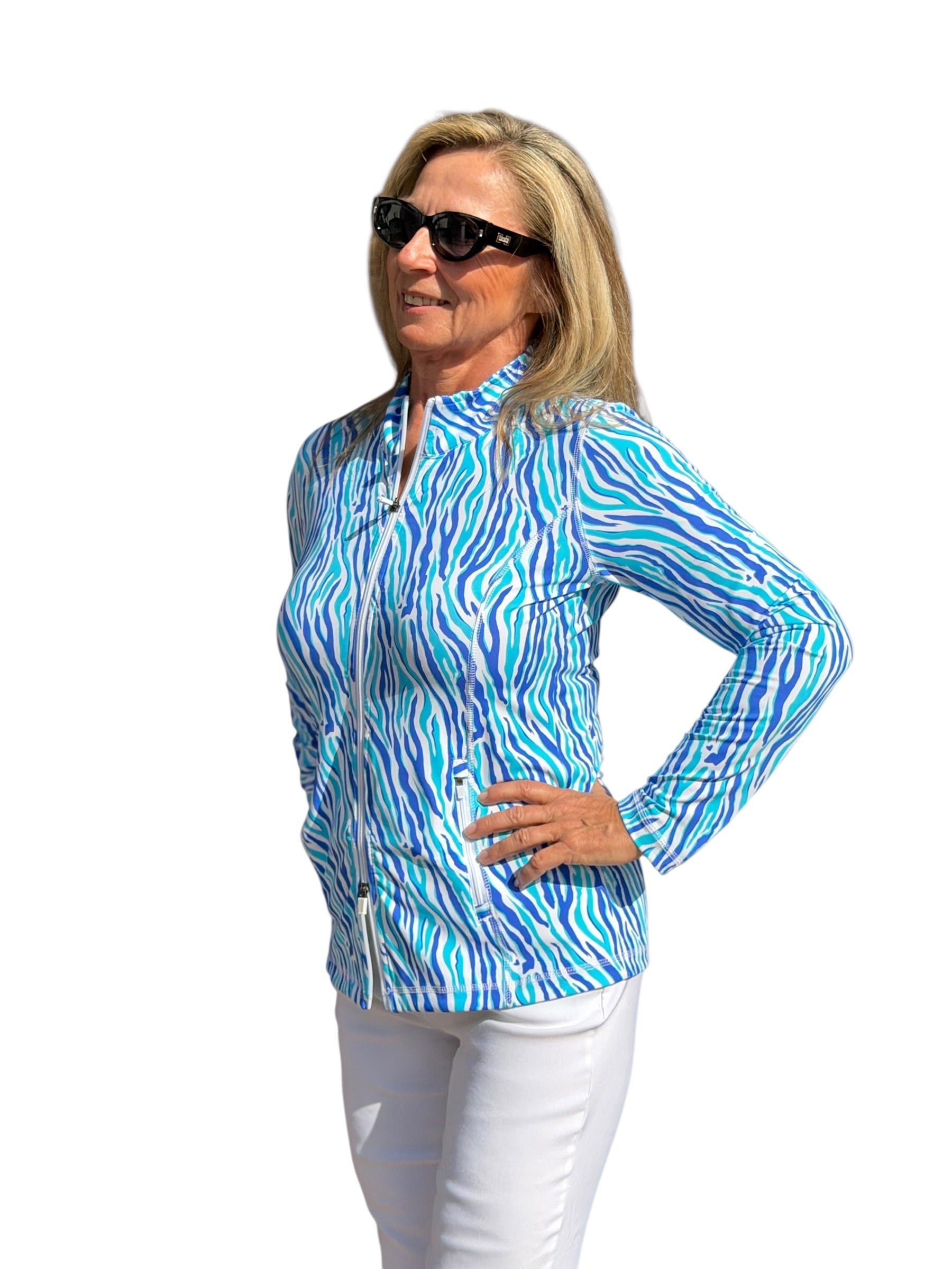 Zip - Up Long Sleeve Jacket with UPF50+ Blue Zebra - Back of the Bay Boutique