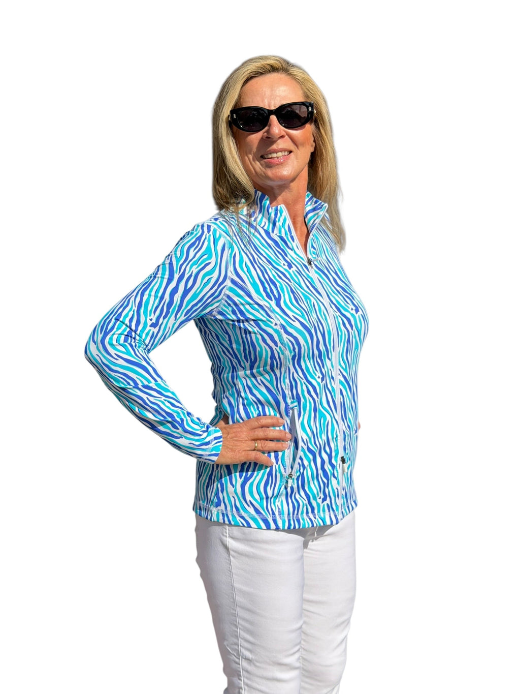 Zip - Up Long Sleeve Jacket with UPF50+ Blue Zebra - Back of the Bay Boutique