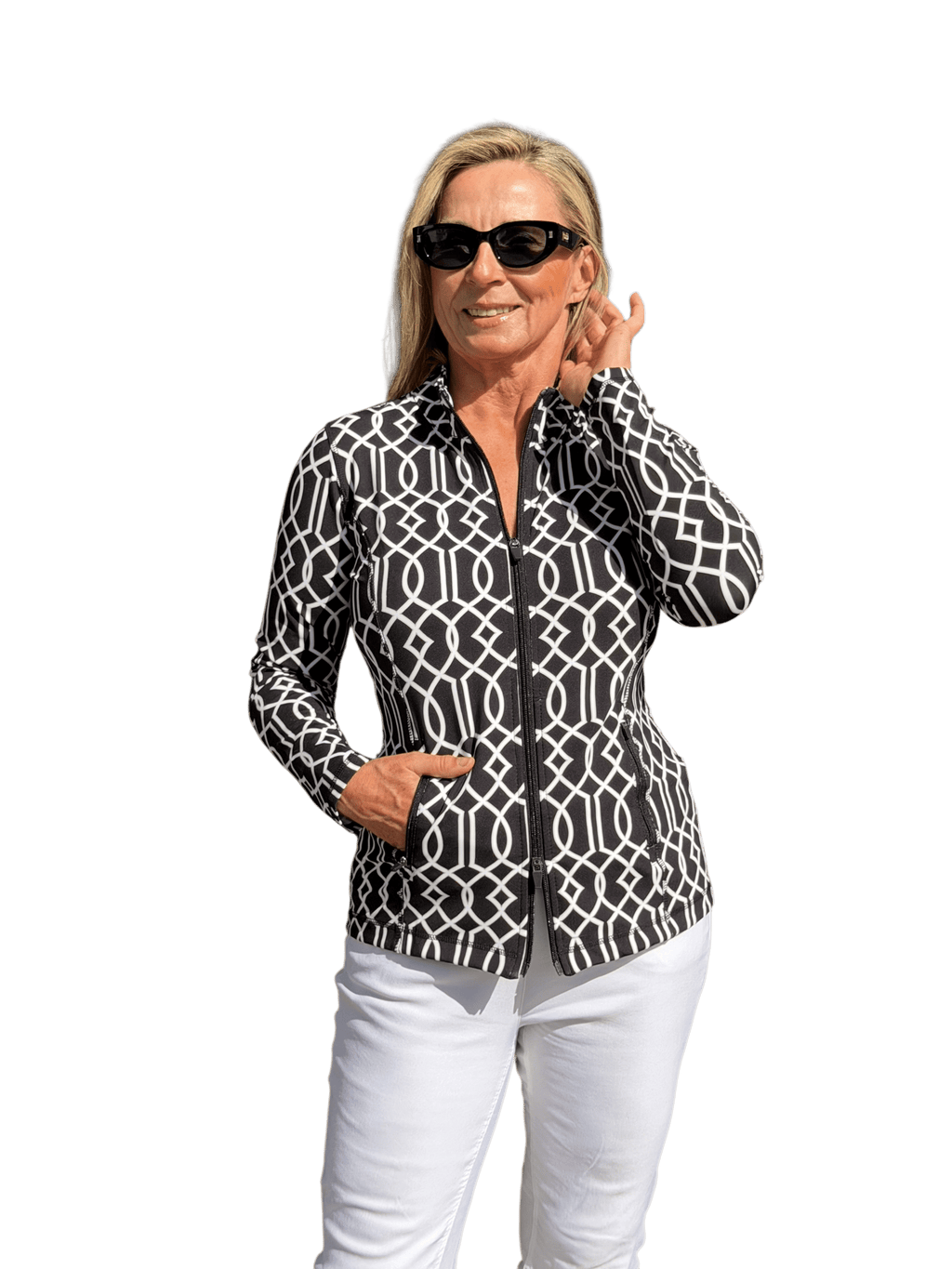 Zip - Up Long Sleeve Jacket with UPF50+ Geometric Lines Black - Back of the Bay Boutique