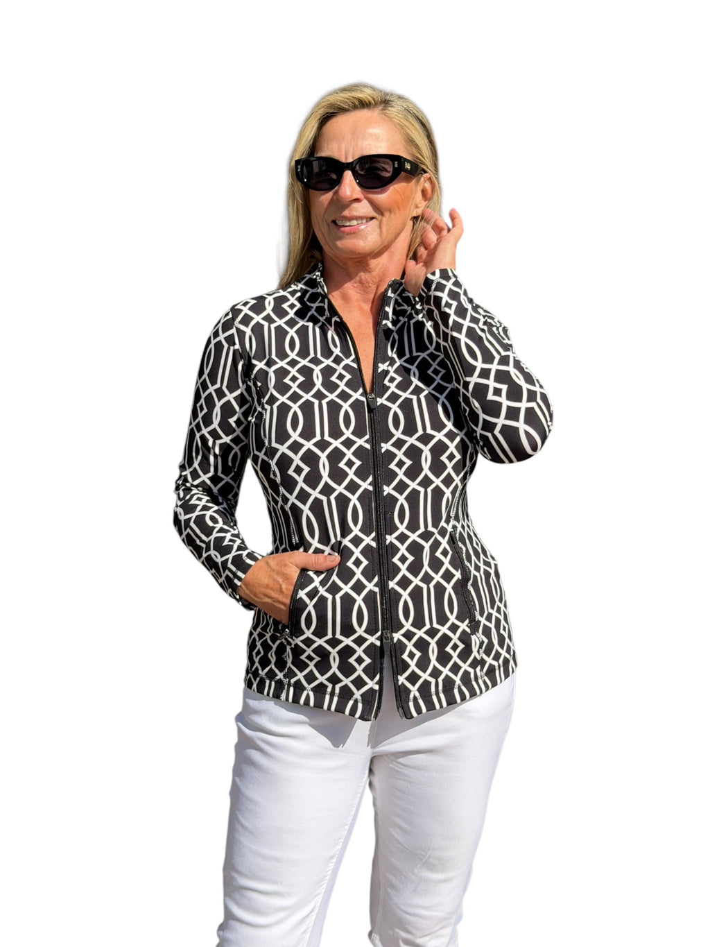 Zip - Up Long Sleeve Jacket with UPF50+ Geometric Lines Black - Back of the Bay Boutique