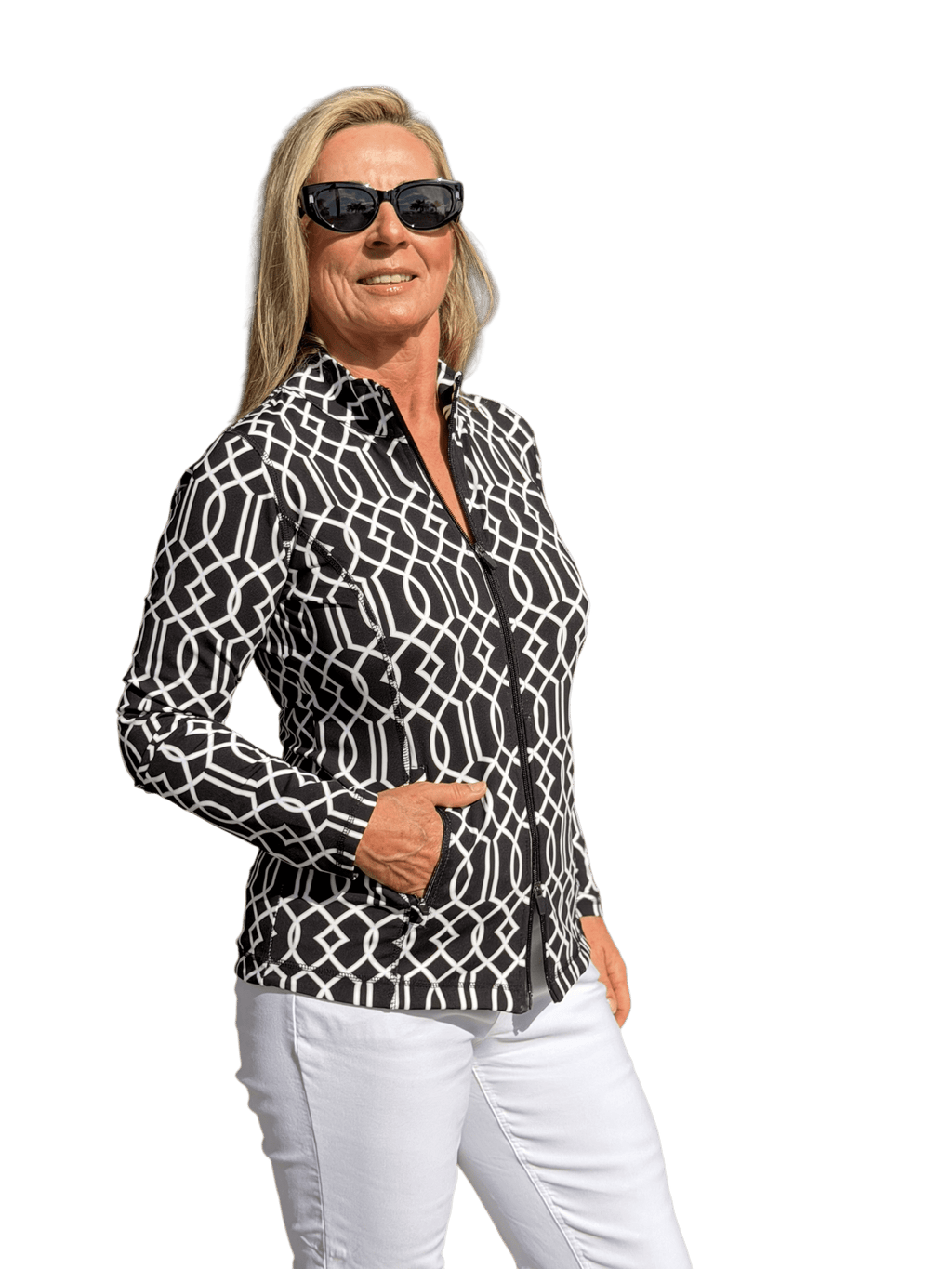 Zip - Up Long Sleeve Jacket with UPF50+ Geometric Lines Black - Back of the Bay Boutique