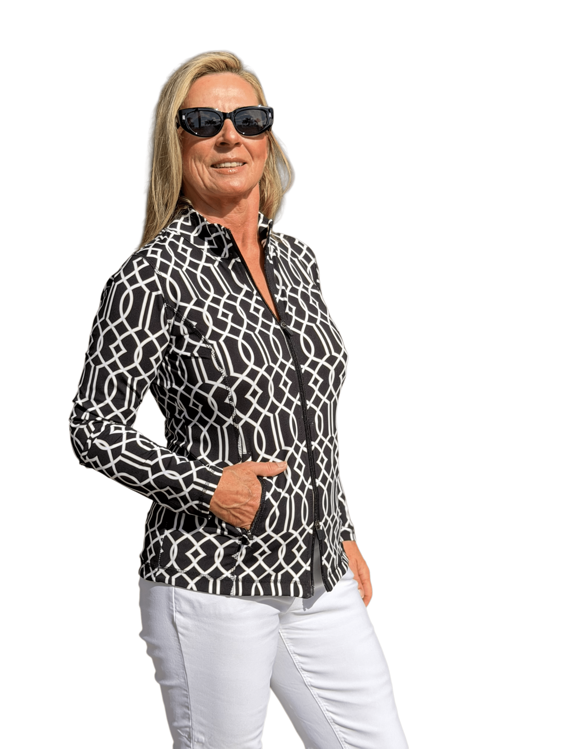 Zip - Up Long Sleeve Jacket with UPF50+ Geometric Lines Black - Back of the Bay Boutique