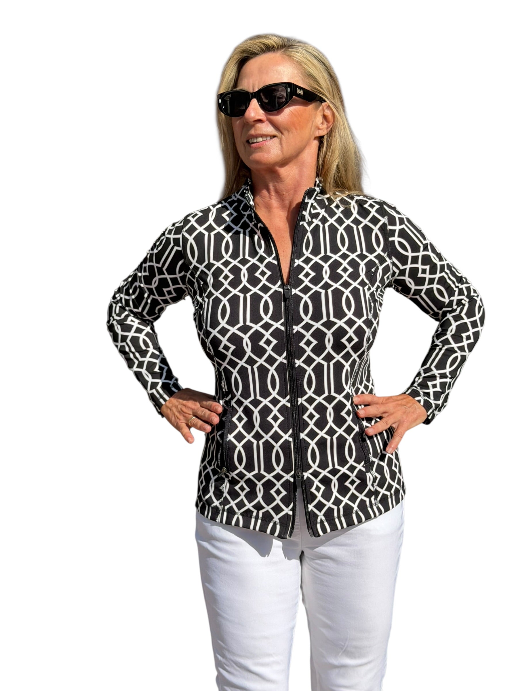 Zip - Up Long Sleeve Jacket with UPF50+ Geometric Lines Black - Back of the Bay Boutique