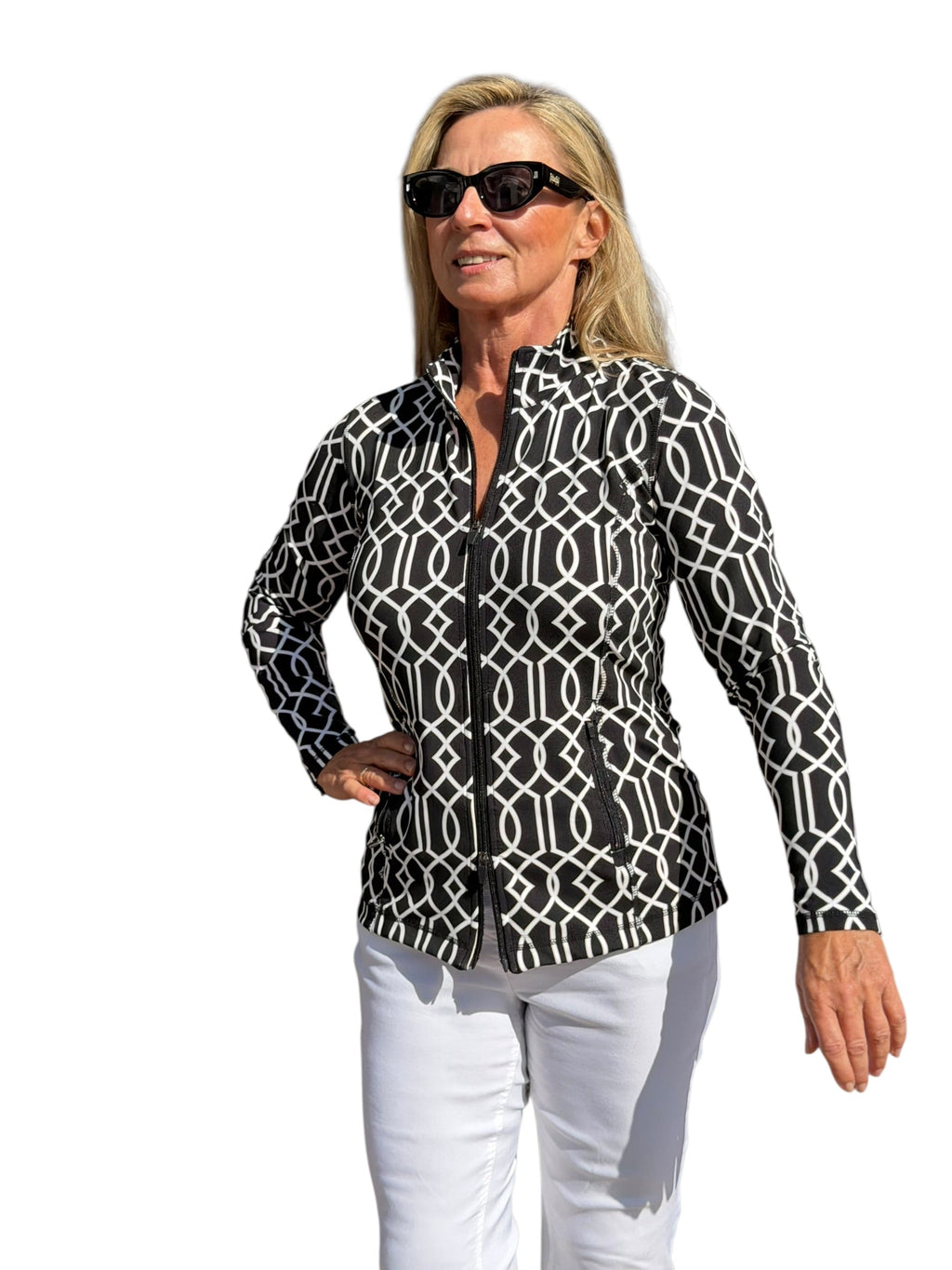 Zip - Up Long Sleeve Jacket with UPF50+ Geometric Lines Black - Back of the Bay Boutique
