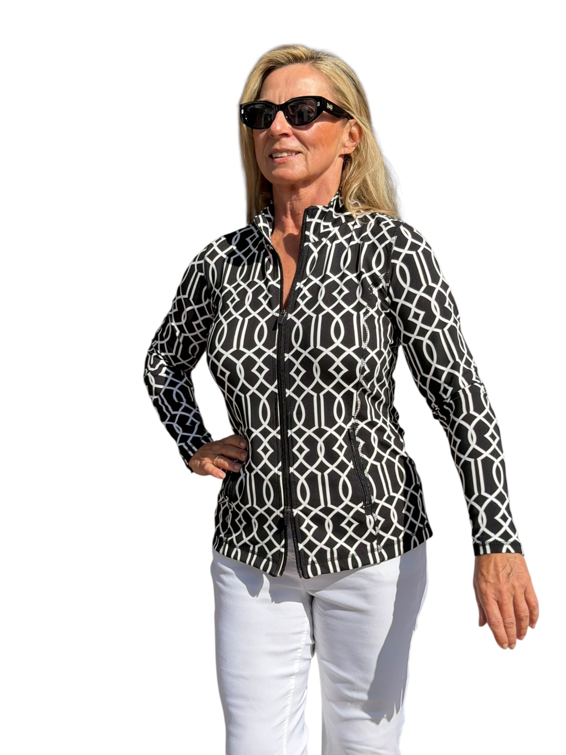 Zip - Up Long Sleeve Jacket with UPF50+ Geometric Lines Black - Back of the Bay Boutique