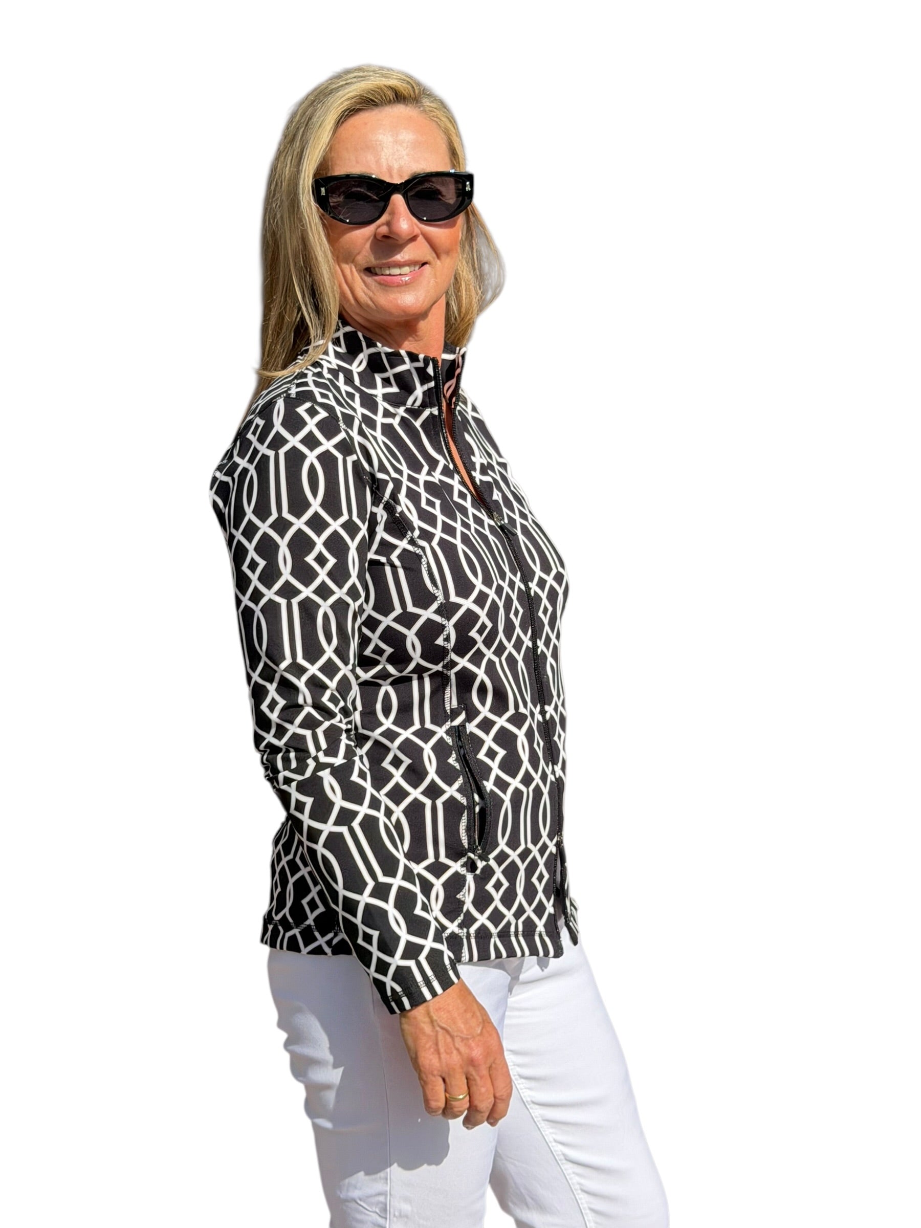 Zip - Up Long Sleeve Jacket with UPF50+ Geometric Lines Black - Back of the Bay Boutique