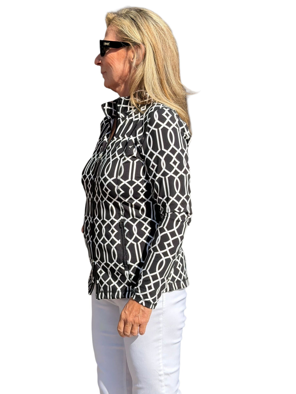 Zip - Up Long Sleeve Jacket with UPF50+ Geometric Lines Black - Back of the Bay Boutique