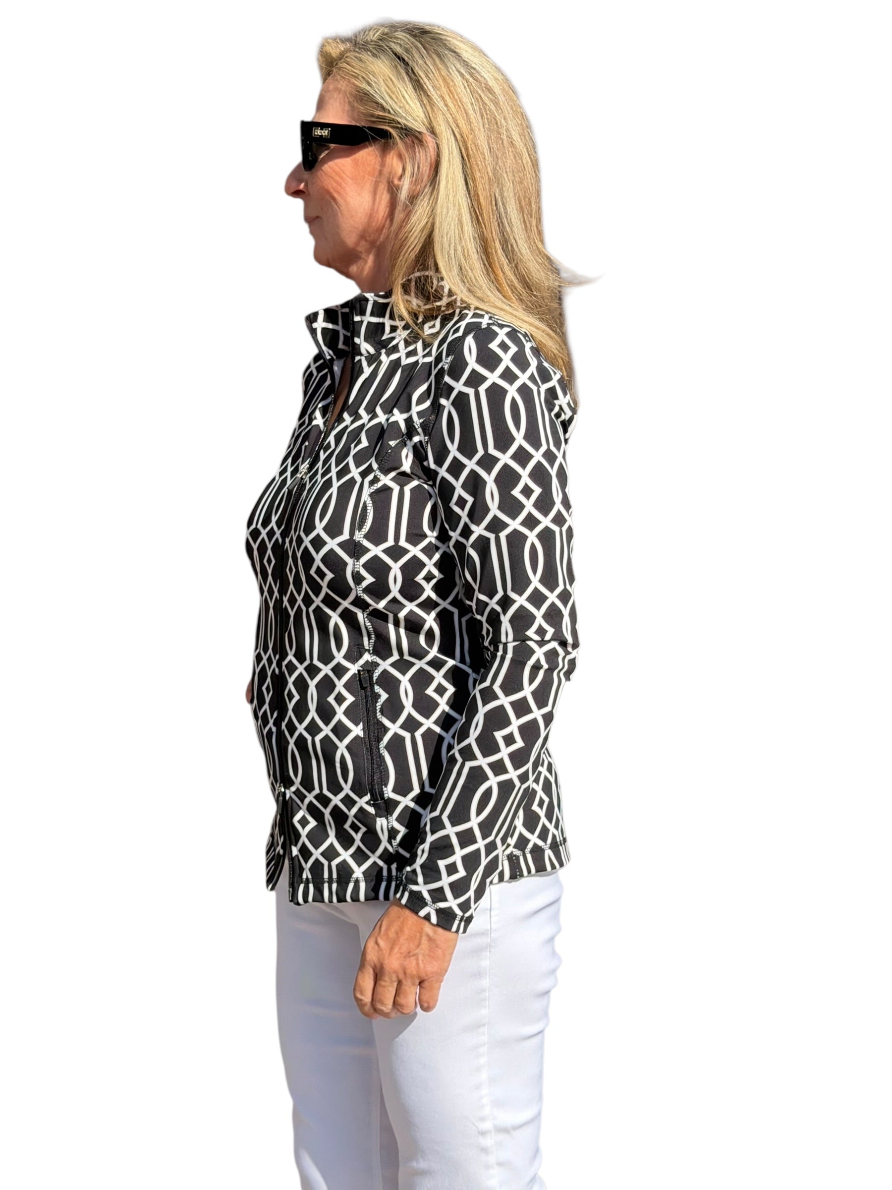 Zip - Up Long Sleeve Jacket with UPF50+ Geometric Lines Black - Back of the Bay Boutique