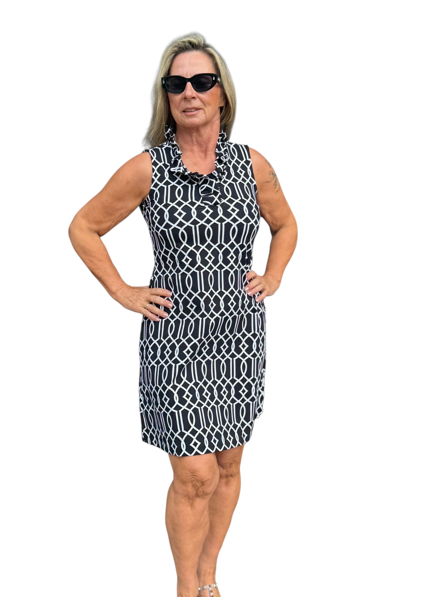 Ruffle - Neck Dress with UPF50+ Geometric Lines Black - Back of the Bay Boutique