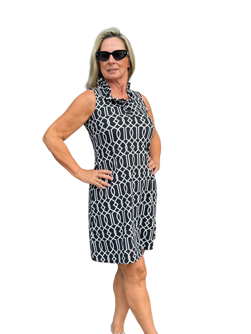 Ruffle - Neck Dress with UPF50+ Geometric Lines Black - Back of the Bay Boutique