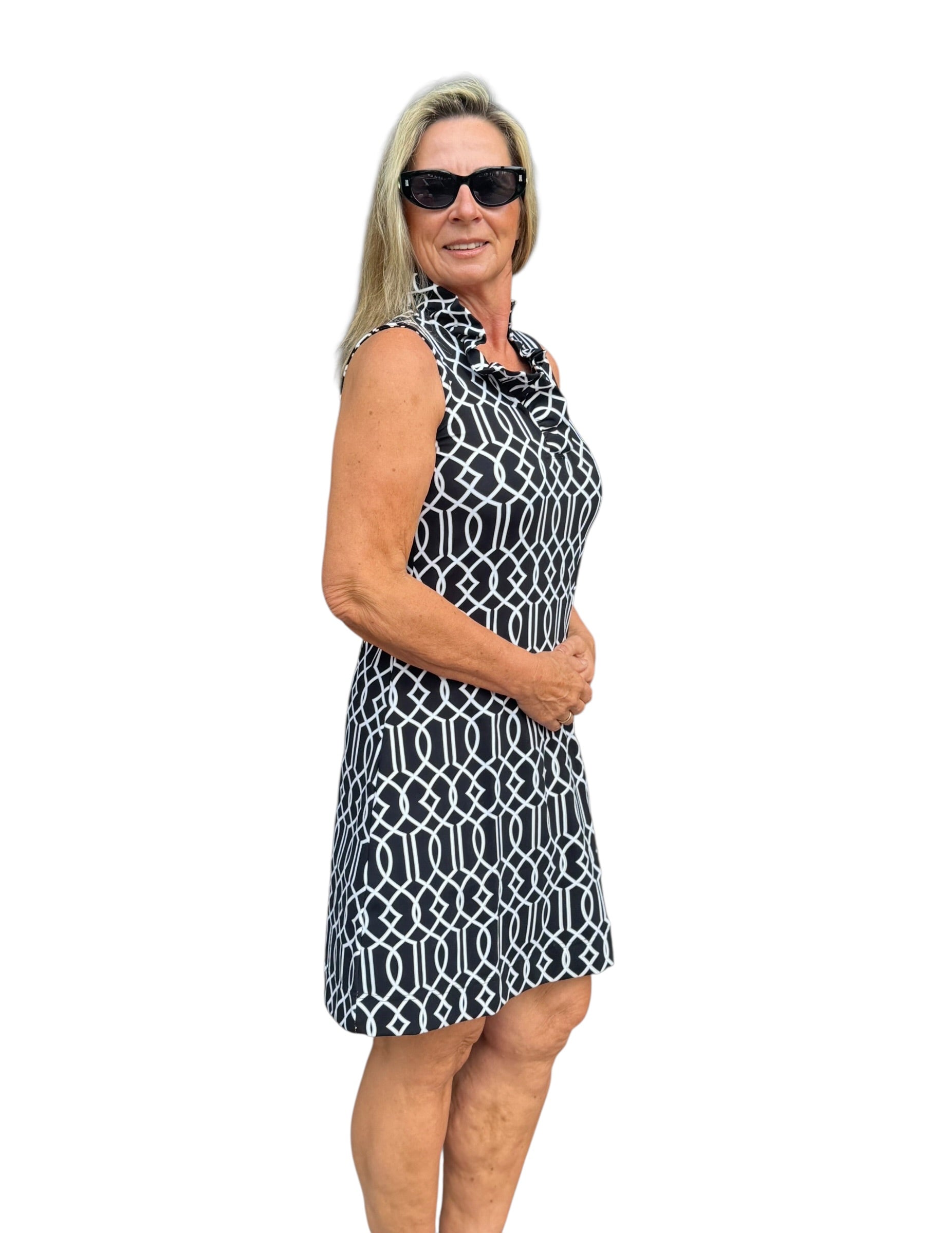 Ruffle - Neck Dress with UPF50+ Geometric Lines Black - Back of the Bay Boutique