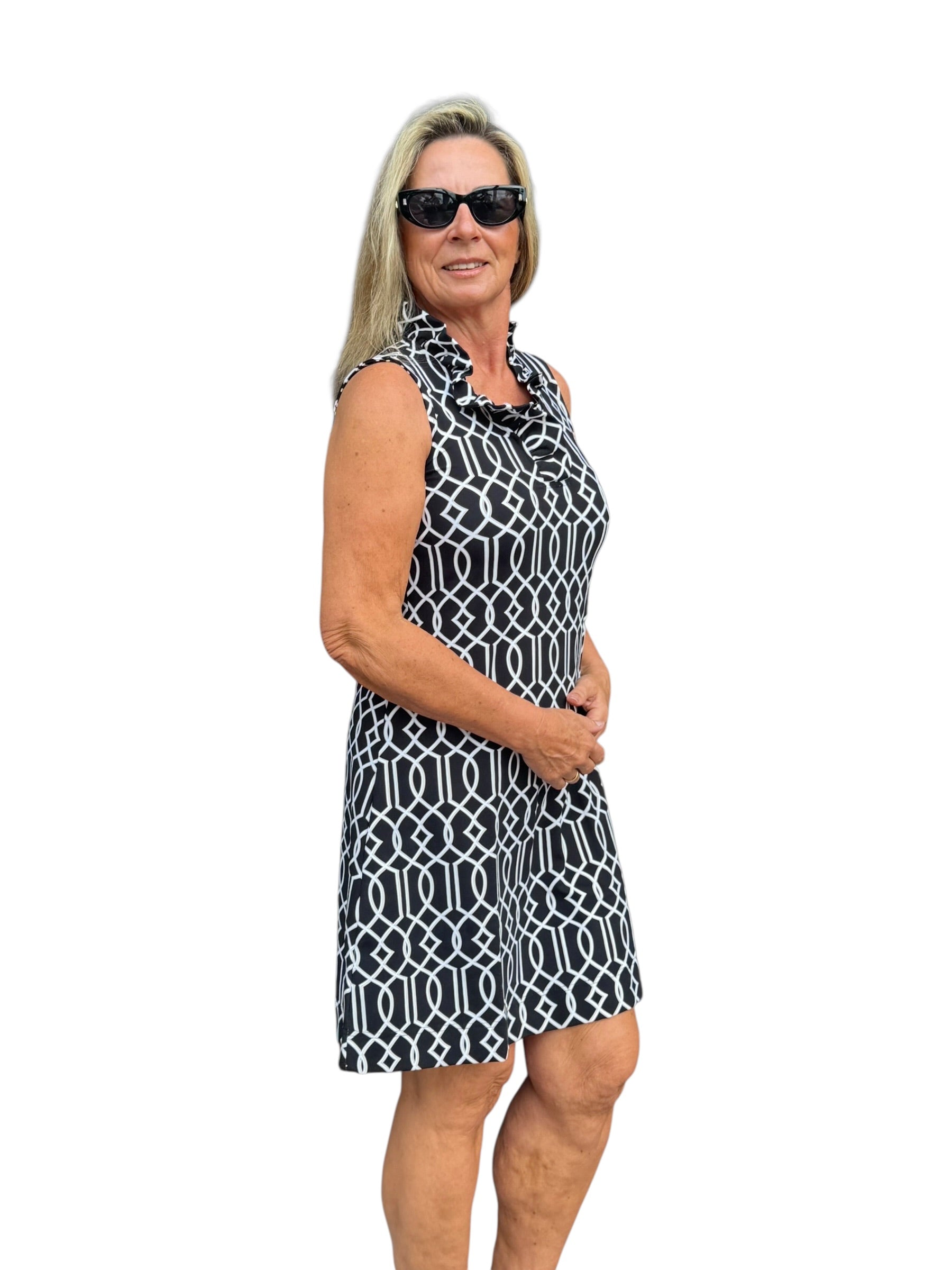 Ruffle - Neck Dress with UPF50+ Geometric Lines Black - Back of the Bay Boutique