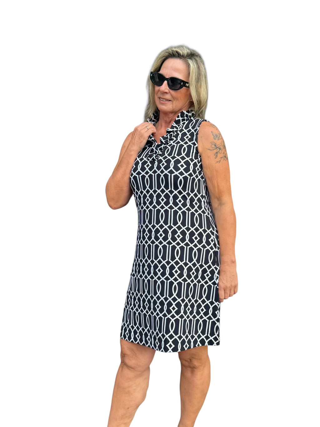 Ruffle - Neck Dress with UPF50+ Geometric Lines Black - Back of the Bay Boutique