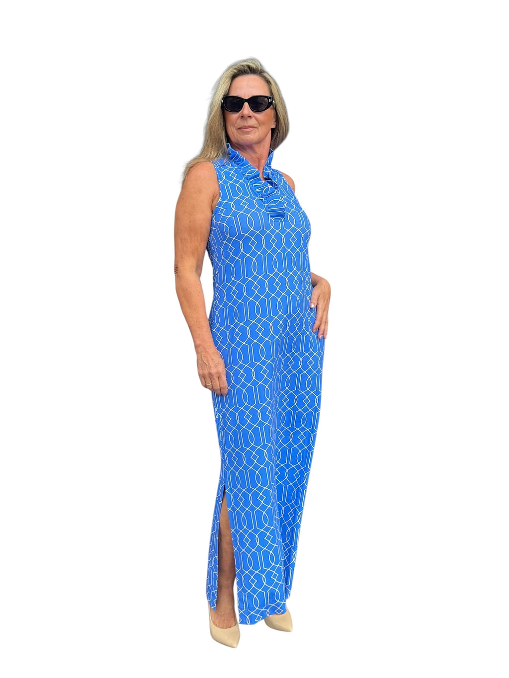 Ruffle - Neck Maxi Dress with UPF50+ Geometric Lines Peri - Back of the Bay Boutique
